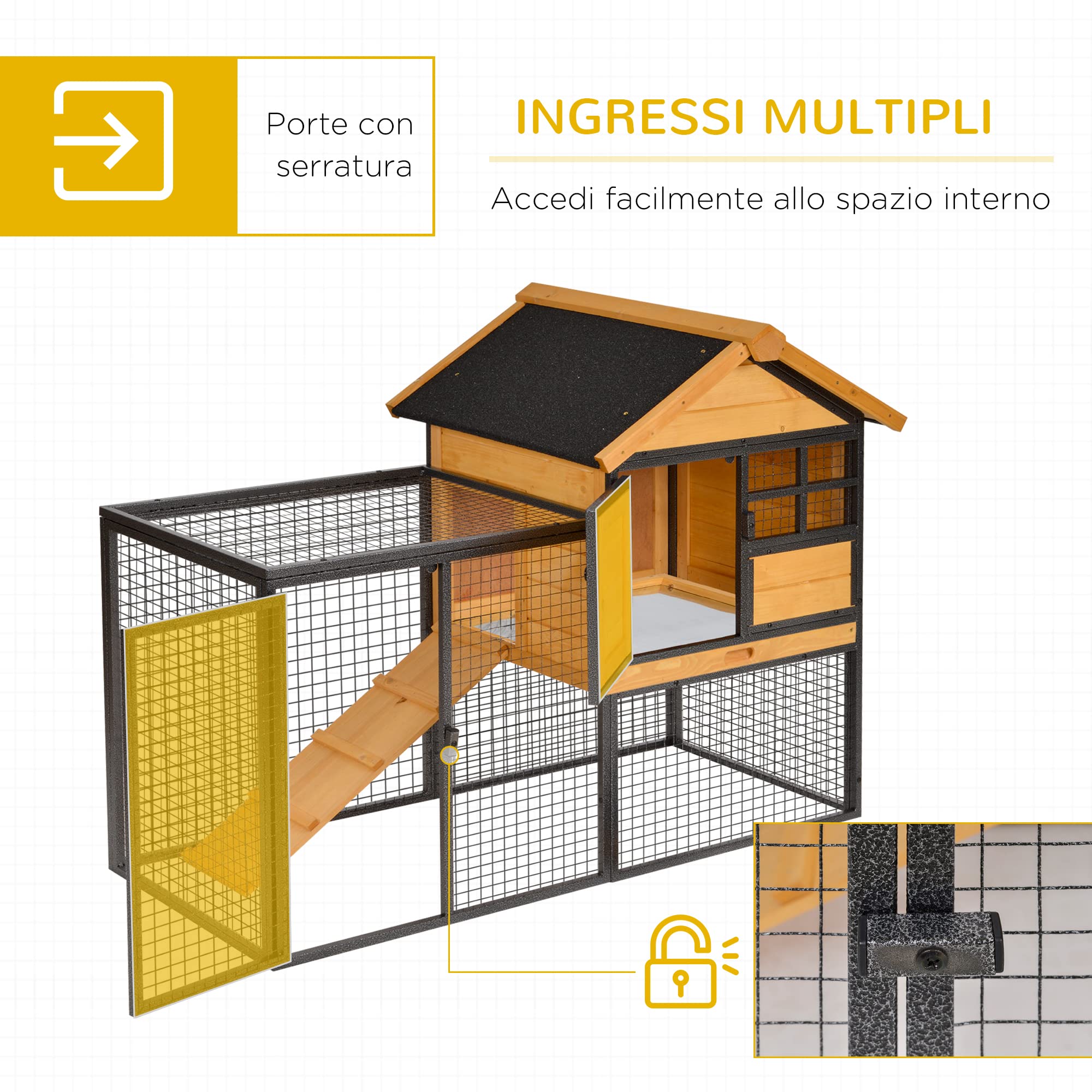 PawHut Gabbia per Conigli con Casetta e Rampa 122x63x92cm Giallo Chiaro | Area Aperta, Conigliera in Legno e Metallo