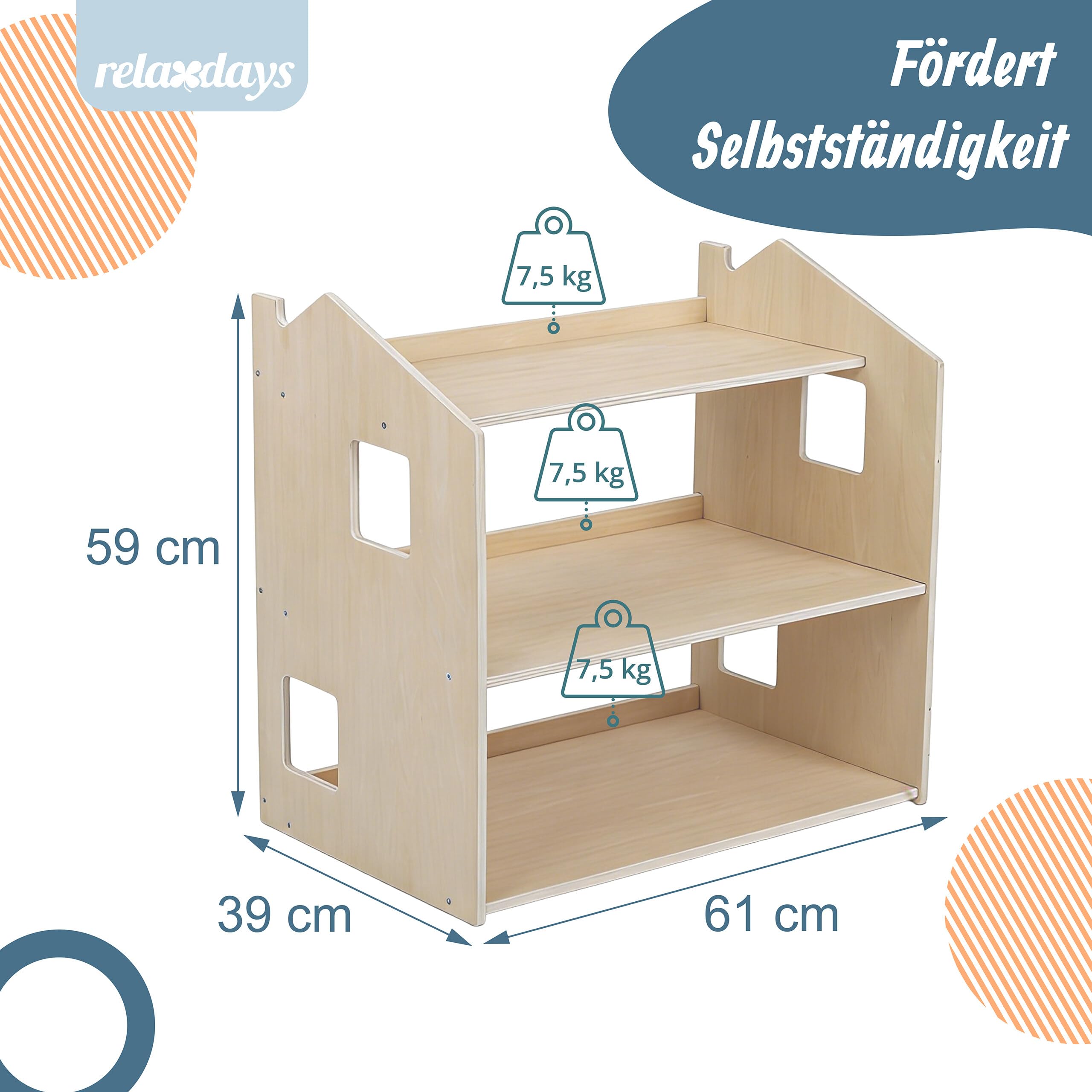 Relaxdays Kinderregal Haus, HxBxT: 59 x 61 x 39 cm, 3 Ebenen, Natur