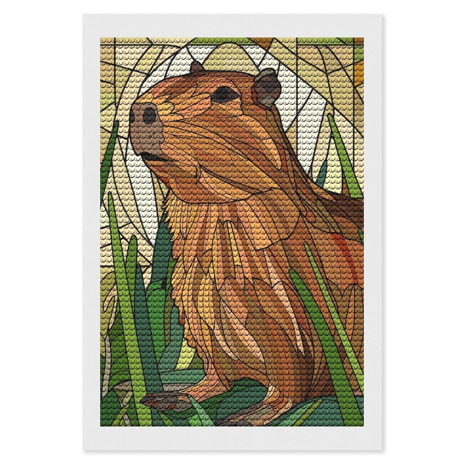 Junmoney Capybara in Stained Glass Style Diamond Painting Canvas Kit 8"x12", Adhesive Canvas, Living Room Decor, Farmhouse Decor, Winter Craft