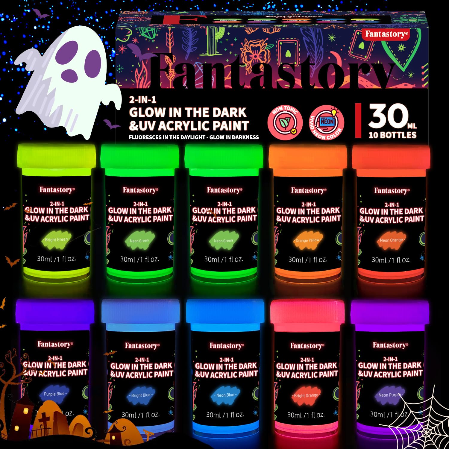 Fantastory Leuchtfarben Nachtleuchtend Farbe 10x30ml,wasserfeste Neon Glow in Dark Farbe,Schwarzlicht,für Steine,Leinwände,Masken,Acrylic Paint Set(Fluoreszierende Serie)