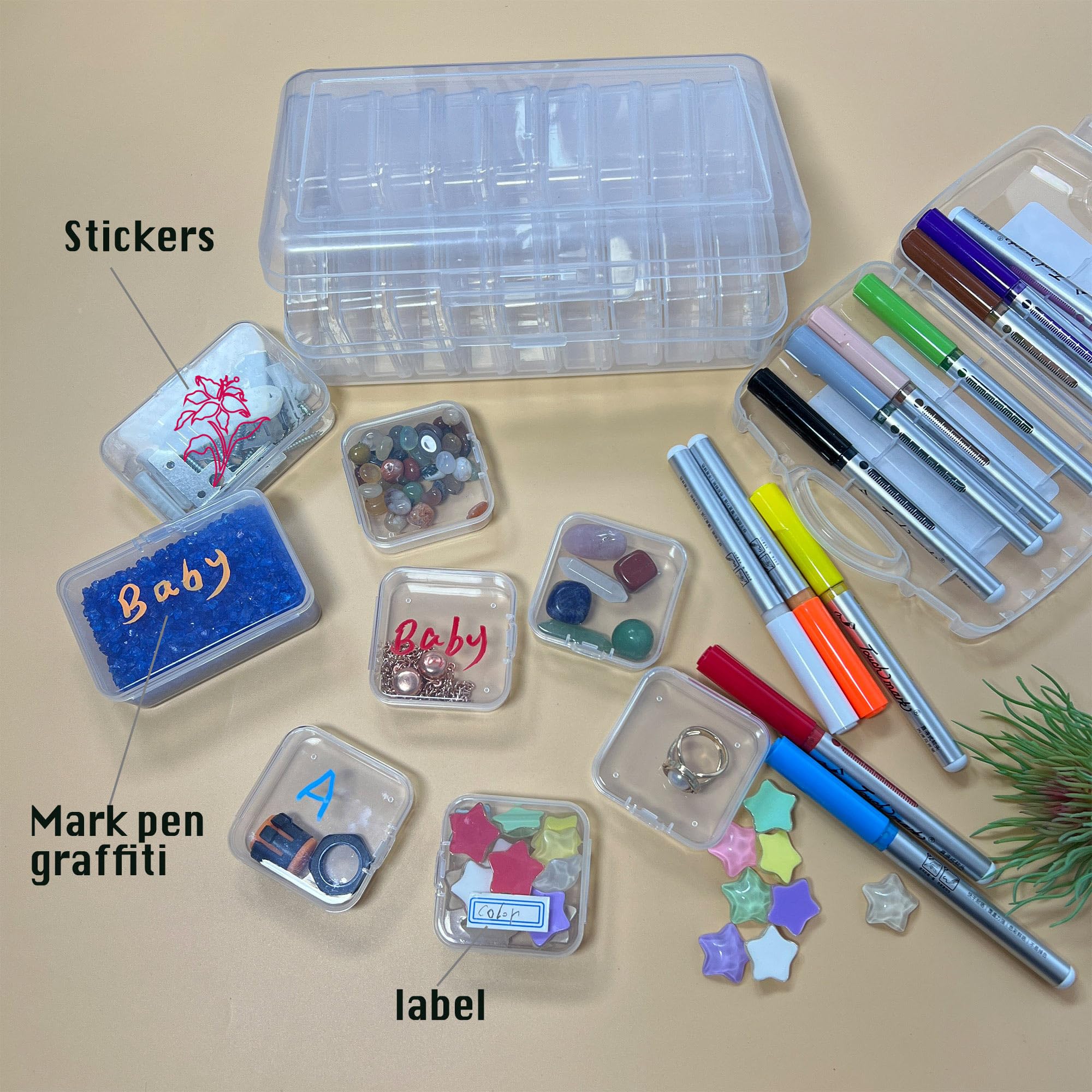 Juego de cajas de almacenamiento de plástico de 18 piezas, incluye 1 caja organizadora grande (8 x 4.7 x 2.4 pulgadas) y 18 cajas pequeñas (2.2 x 2.2 x 0.8 pulgadas) para organización del