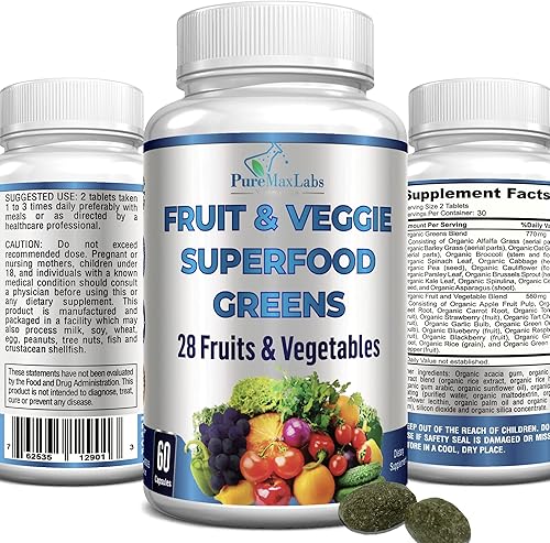 Verdes superalimentos de frutas y verduras - 28 frutas y verduras con alfalfa, hierba de cebada, espirulina, raíz de remolacha, cereza ácida,