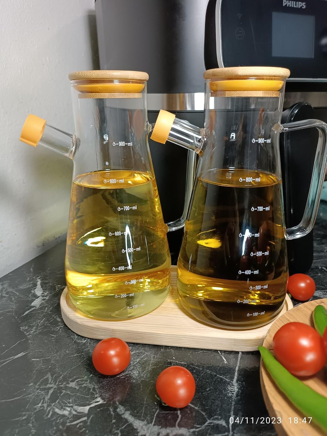 Yağlık Sirkelik Seti Silikon Contalı Bambu Kapaklı 3'lü Set - 900 ml 2 Adet ve Altlık