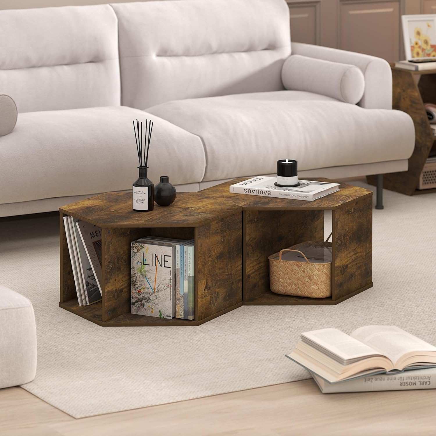 Furinno Simple Design Coffee Table, Hexagon Modern Coffee Table with Open Shelf, Vertical or Horizontal Side Table, for Living Room, Bedroom, Home Office, Amber Pine