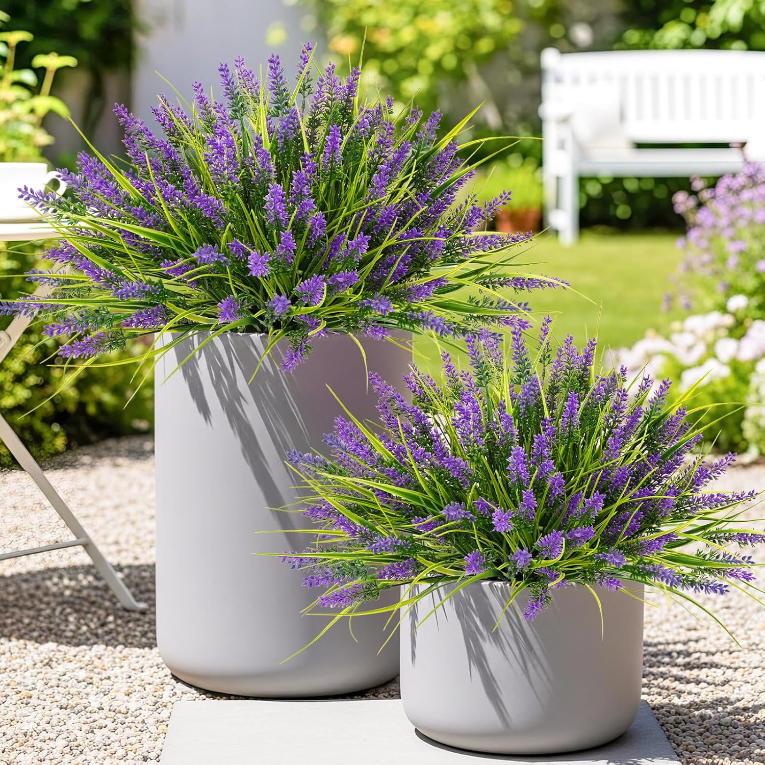 N&T NIETING Artificial Plants Outdoor, 20 Bundles Fake Monkey Grass with Spring Flowers, UV Resistant Faux Plants for Garden Window Office Patio Hanging Planter Pathway Front Porch Home(Purple)
