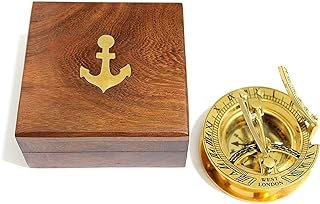 3" Sundial Compass with Teak Wood Box Inlaid with Solid Brass Rustic Vintage Home Decor Gifts