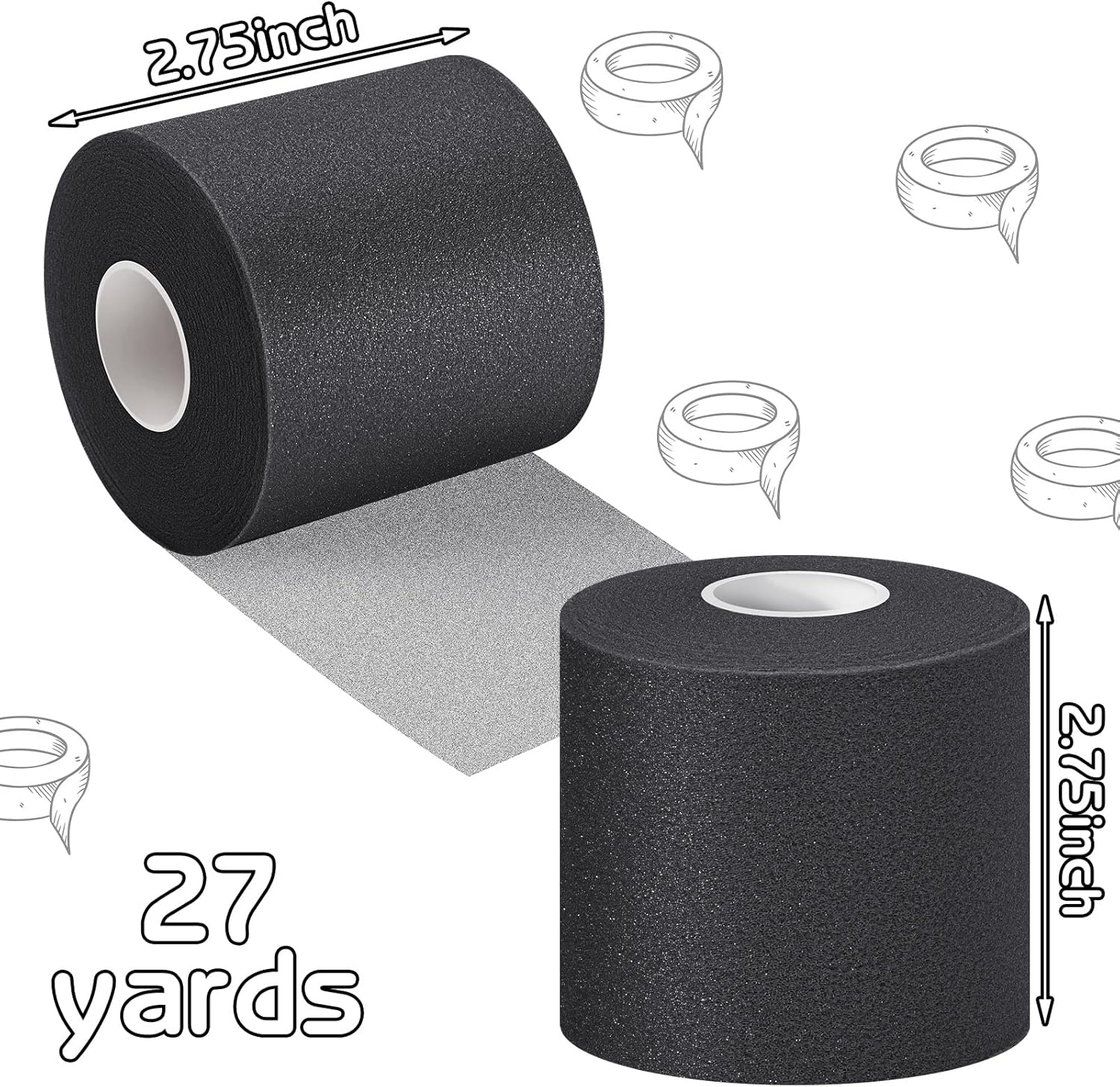 Nuanchu 12 Pcs Pre Wrap Athletic Tape, 2.75inch x 30 Yards Foam Sport Underwrap Tapes Prewrap Tape for Hair Wrists Hands Ankles Knees Women Man Hiking Running(Black)
