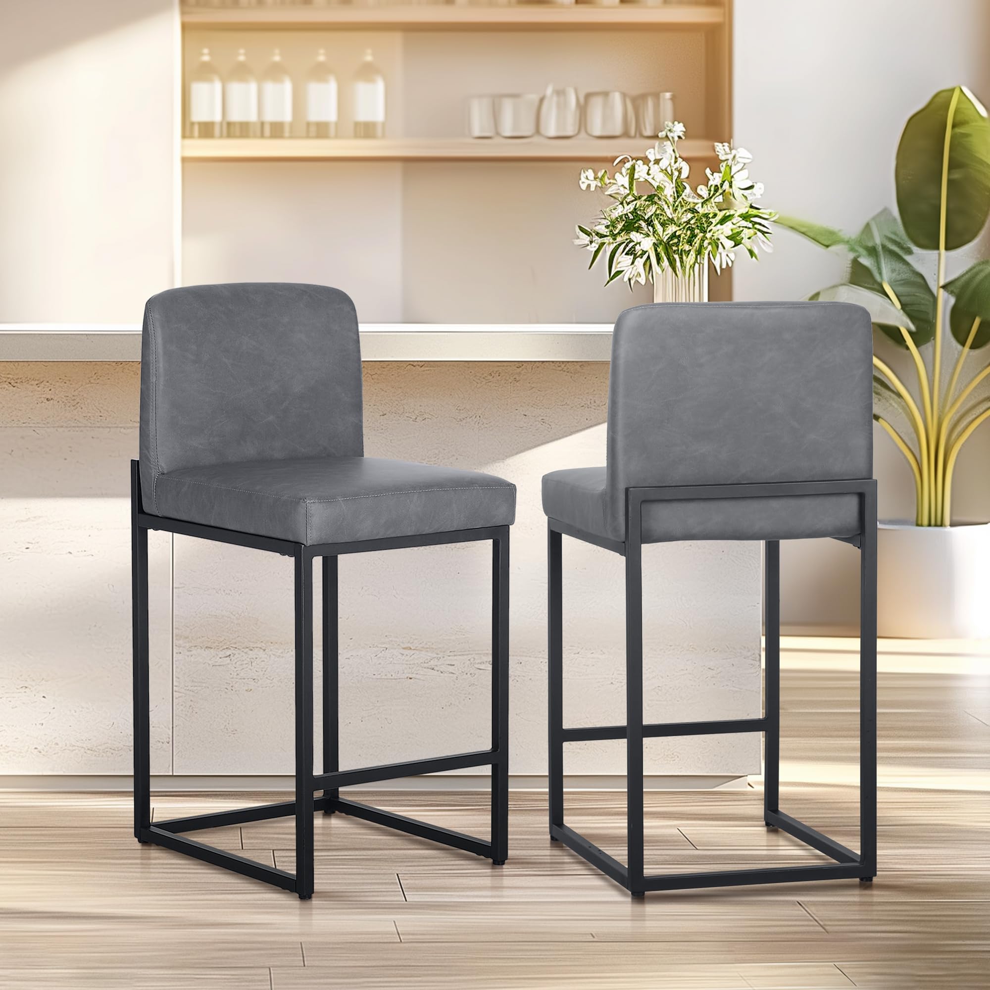 ALPHA HOME 24" Bar Stools Set of 2 Breakfast Chair Pu Leather Kitchen Stool with Backs Bar Stools with Footrest for Kitchen Counter Sturdy Metal Steel Frame, Grey
