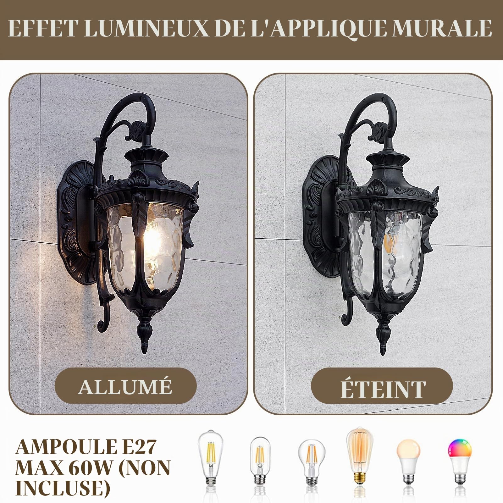 Applique murale d'extérieur vintage, lanterne de jardin, noire, étanche, en aluminium et verre, lampe extérieure E27, pour porte, maison, villa, balcon, garage, couloir, terrasse