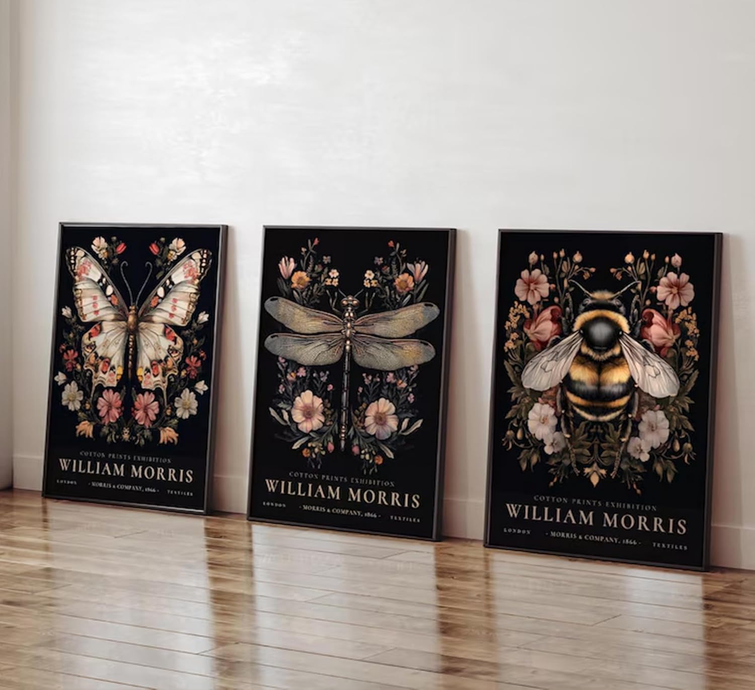 Esejchiam 3pcs William Morris Wall Art Dark Botanical Insect Printst Canvas Posters Moody Floral Wall Decor for Living Room Bedroom Bathroom Unframed