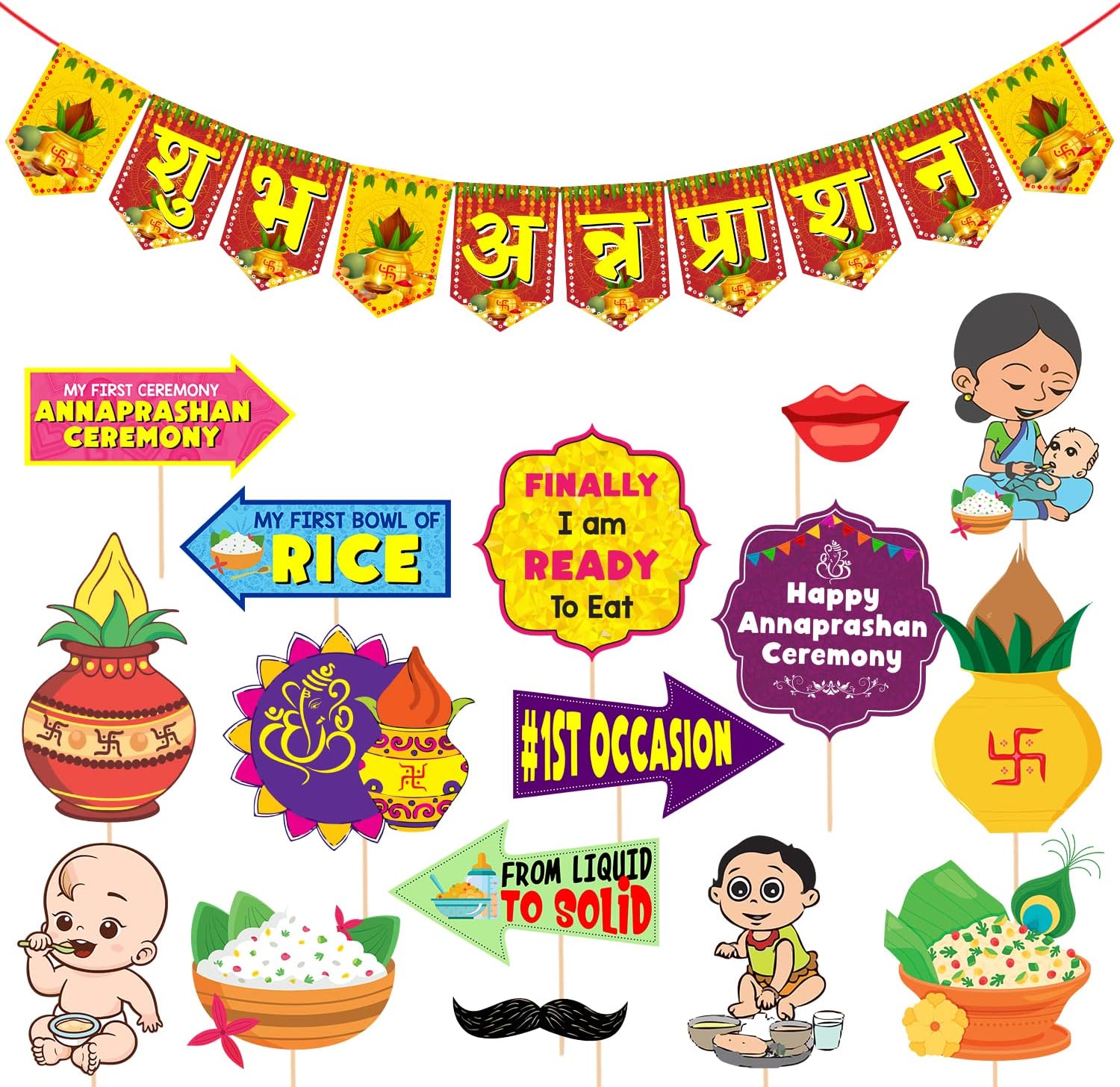 Zyozique Annaprasanam Photo Booth Props with Annaprasanam Paper Banner Hindi Font Shubh Annaprashan Yellow & Red Color Font/Rice Ceremony Decorations Items /(Pack of 17)
