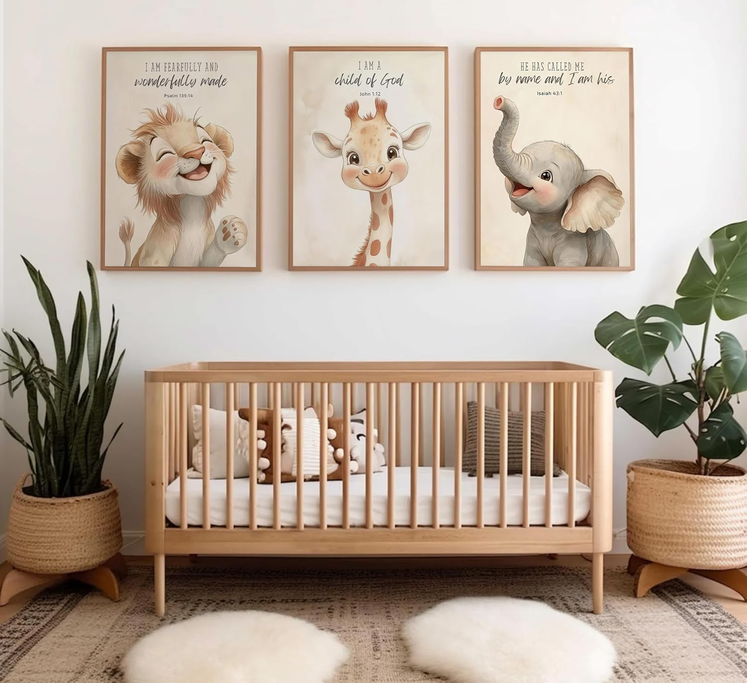 3Pcs Nursery Christian Bible Verses Safari Animals Wall Art Child of God Cute Animals Picture Wall Decor Lion Giraffe Elephant Poster Print Artwork for Kids Boys Girls Room Home Decoration Unframed