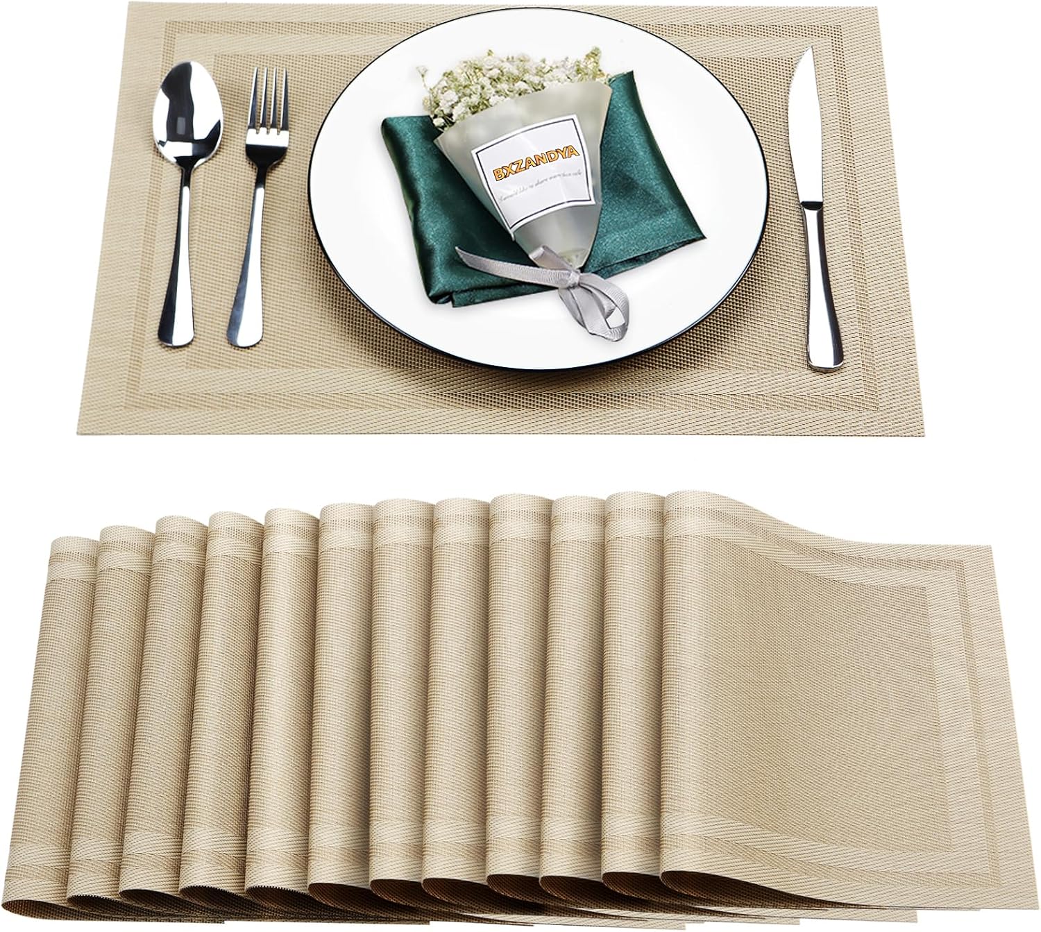 Placemats Set of 12,Washable,Heat and Stain Resistant Indoor/Outdoor Place mats,Vinyl Woven Non Slip Table Mats for Restaurant Table Protection,PVC Placemats(Beige,12PCS)