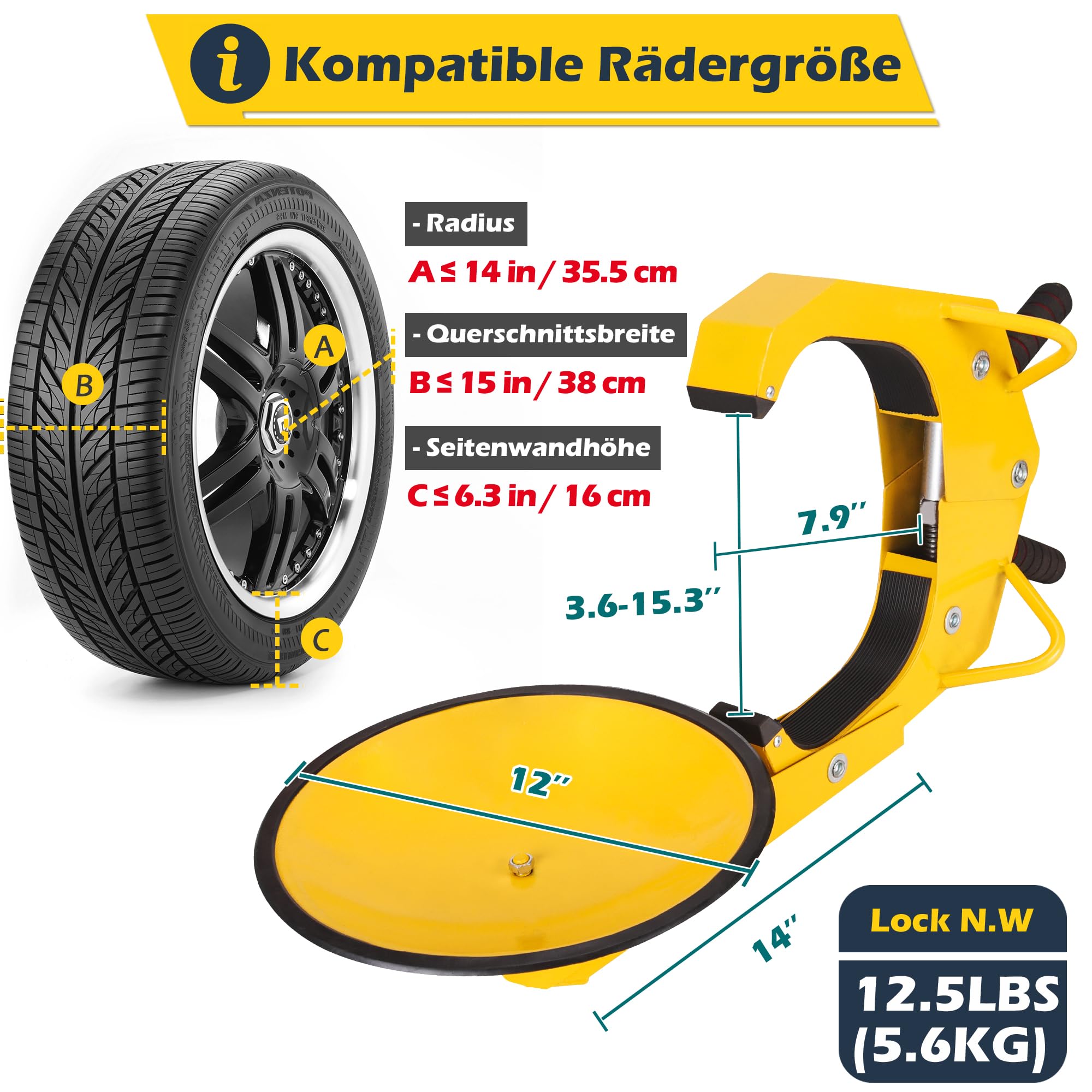 Tevlaphee Radschloss, Autokralle, Reifenschloss, Anti-Diebstahl, Anhänger-Radkralle, Schloss, Parkkralle für Autos, Lkw, SUVs, Camper, Boote Gelb
