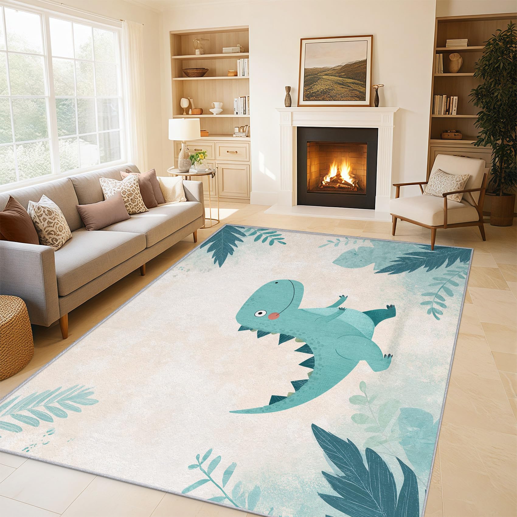 Generisch Dino Teppich Wohnzimmer 140x200, Kurzflor Teppich Schlafzimmer Dinosaurier Süße Cartoon Tier Wohnzimmerteppich Groß, Weich Flanell - Antirutsch Carpet H-7