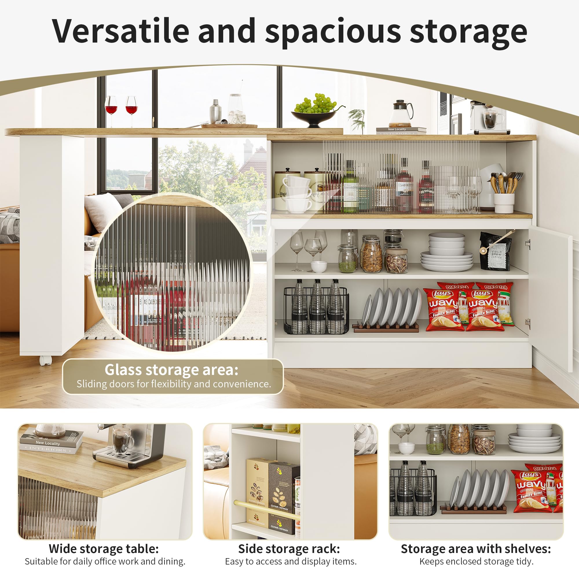 Azkoeesy Bartisch Esstisch 360° drehbare mit Stauraum, 90 x 45 x 100-165 cm, mit Rollen, Seitenregal, Schiebetüren aus Glas, Stehtisch/Bistrotisch/Hochtisch/Kücheninsel, weiß