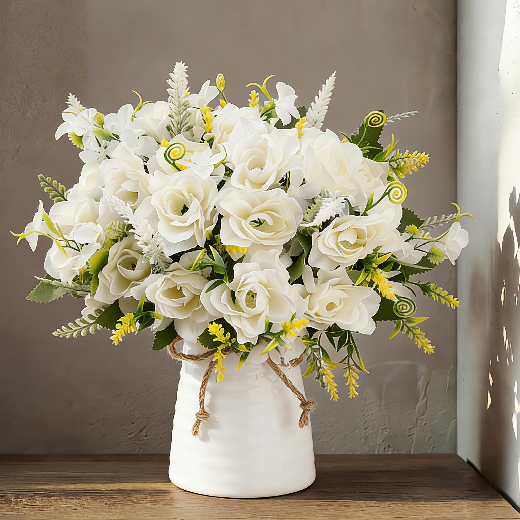 LESING Fiori artificiali con vaso, fiori finti in seta in vaso, fiori di gardenia, decorazione per casa, tavolo, ufficio, feste (bianco)