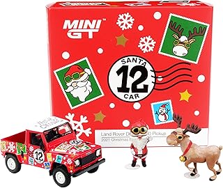 TRUE SCALE miniatures Defender 90 Pickup (RHD) 12 Santa Car Red & Santa Claus & Reindeer Figurines 2021 Christmas Ed. Ltd Ed 9999 pcs 1/64 Diecast Model by TSM MGT00320