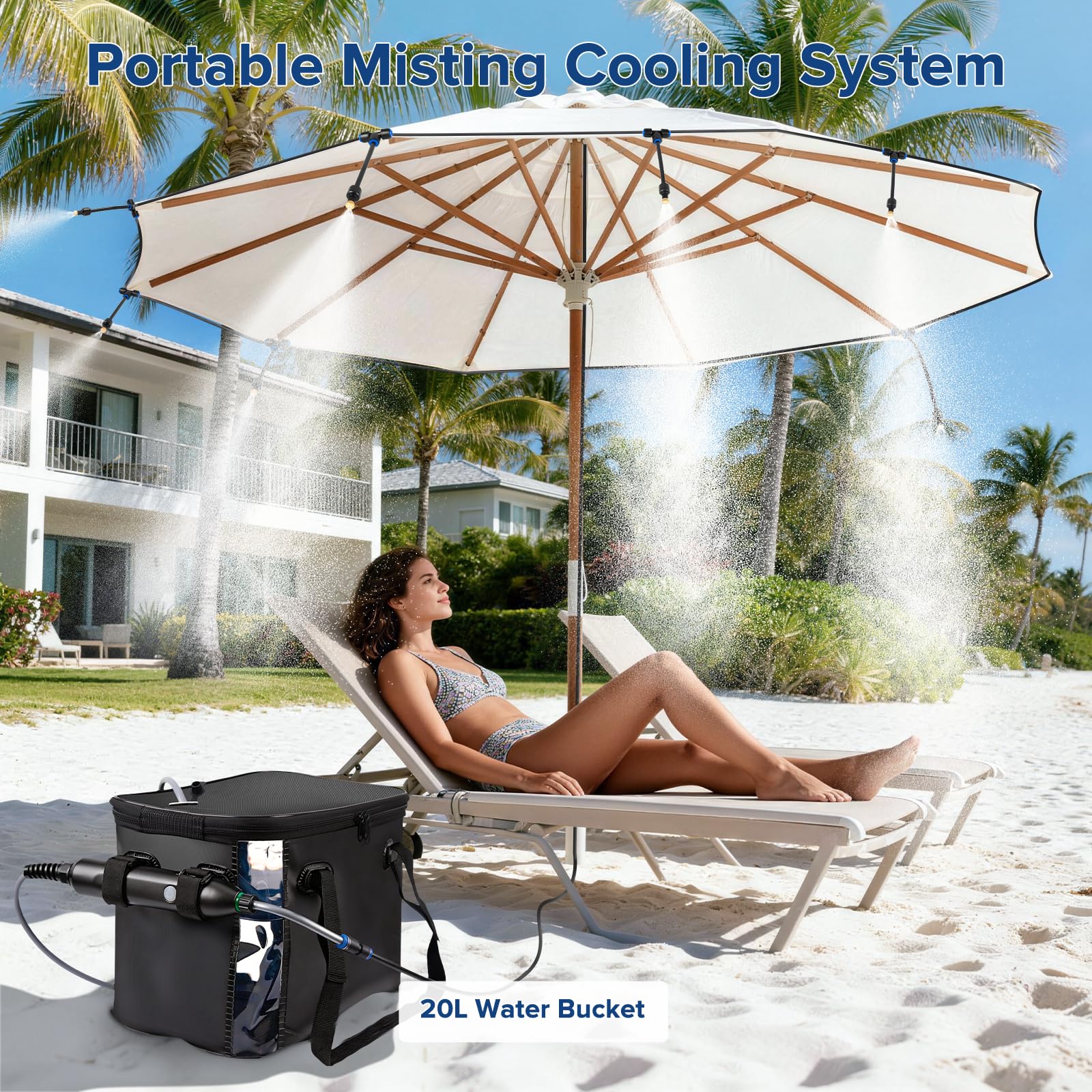 Sistema de rociado portátil para terraza exterior – Neblina para enfriamiento de terraza, sistema de neblina portátil con bomba de agua de 4500 mAh, cubo de 20 l, 8 boquillas, neblina de agua para