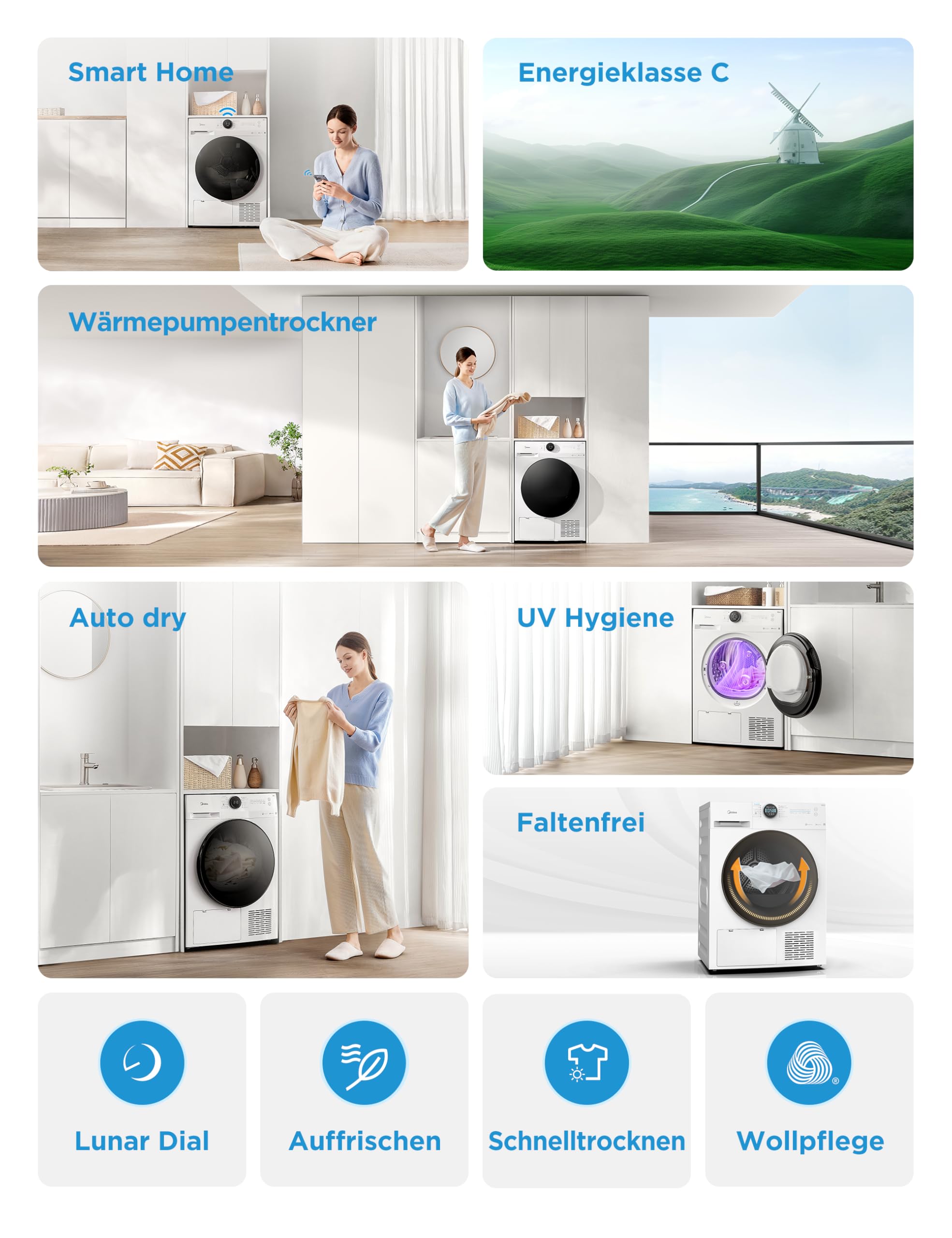 Midea MD20EH80WB-A3 Wärmepumpentrockner 8 kg Energieklasse C UV Hygience Knitterschutz Auto Dry Weiß