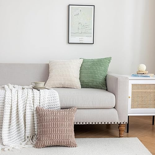 Miniatura 7 de Paquete de 2 fundas de almohada decorativas de color marrón claro de 20 x 20 pulgadas, fundas de cojín de pana a rayas bohemias modernas para