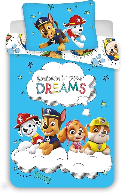 Jerry Fabrics Children's Baby Bedding Set Paw Patrol Believe in Your Dreams Blue with Marshall Rubble Skye and Chase, Duvet Cover 100 x 135 cm, Pillow 40 x 60 cm, 100% Cotton, Boys and Girls