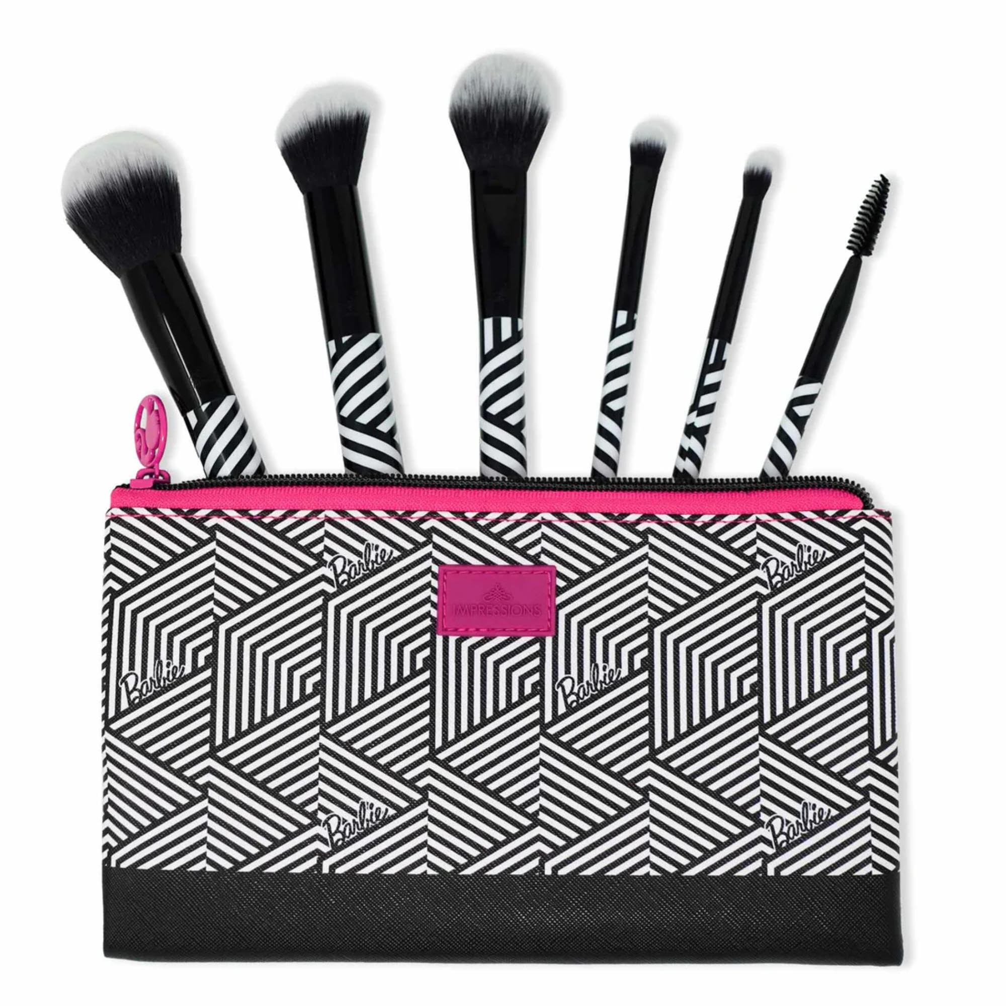 Impressions Vanity - Set di 6 pennelli da trucco Barbie Classic, con custodia con cerniera, ghiera in alluminio, manico nero, setole morbide, per fondotinta, cipria, ombretto e eyeliner