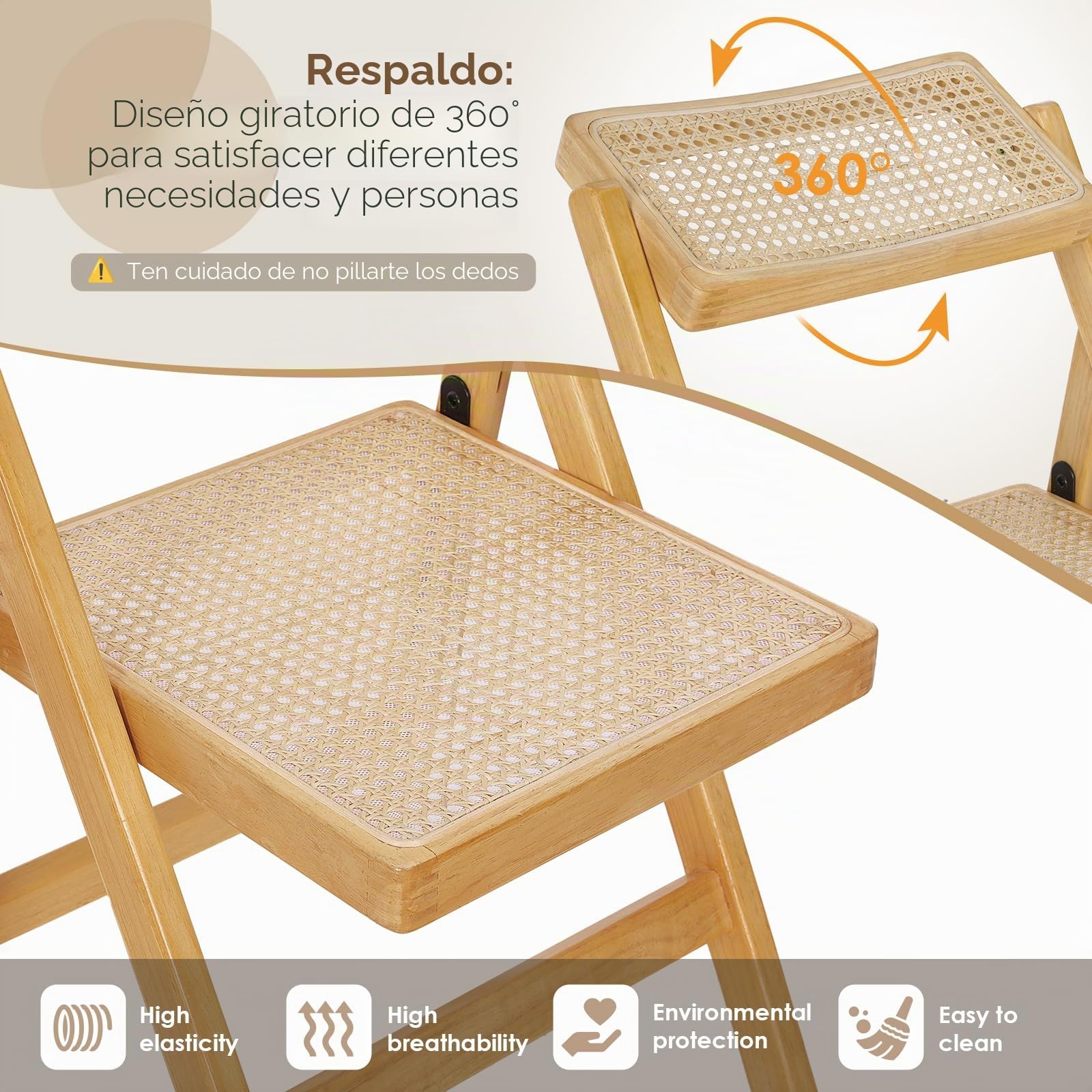 Clevich Sillas Plegables de Madera, Estilo Bohemio, Silla de ratán con Trenzado vienés, Silla de jardín Plegable, Silla Plegable de Madera para Comedor, Silla de ratán, Silla de balcón