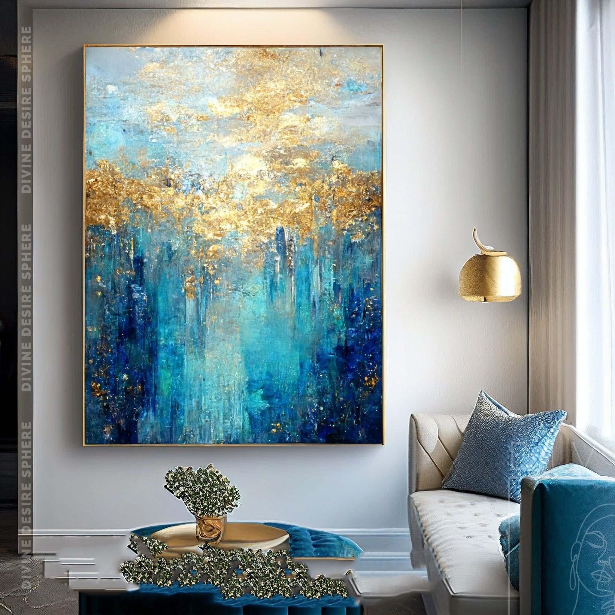 JACBON Toile décorative abstraite bleu foncé et doré brillant, 65 x 130 cm, avec cadre doré.