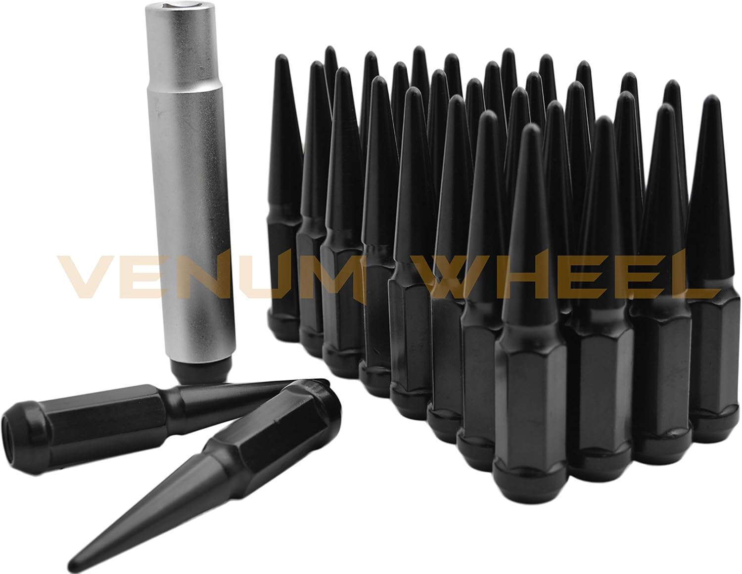 32pc Black Spike Lug Nuts 9/16-18 Compatible with Dodge Metal Lug Nuts Solid 1 Piece 4.5" Tall + Key Socket