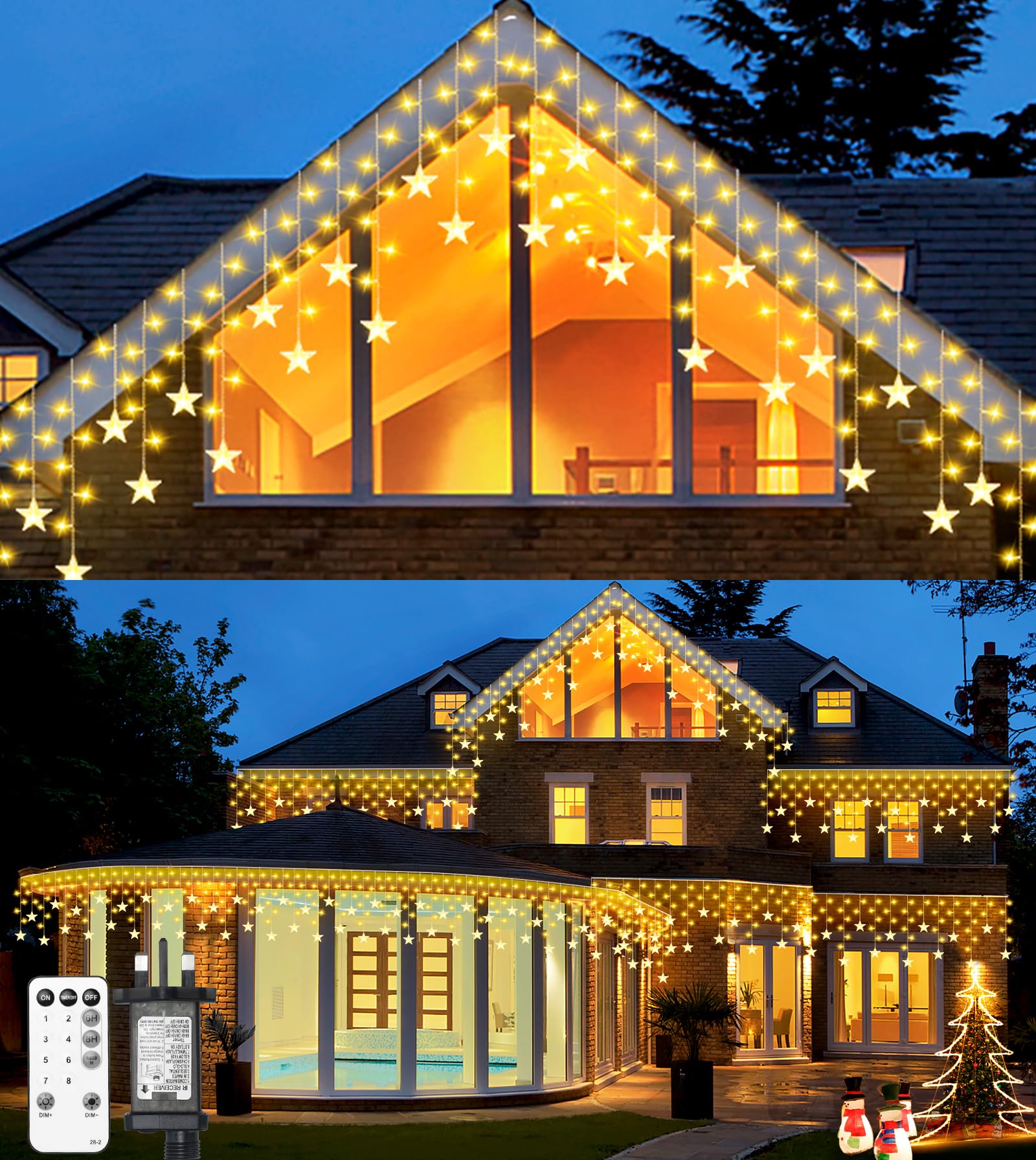 ULIGHTOWN Icicle Lights Outdoor, 9M/29.5FT Star Icicle Outdoor Christmas Lights, IP44 Waterproof&8 Modes&3 Timer&4 Brightness Fairy Lights Plug in for Indoor,Eaves, Window,Festival Decor-Warm White