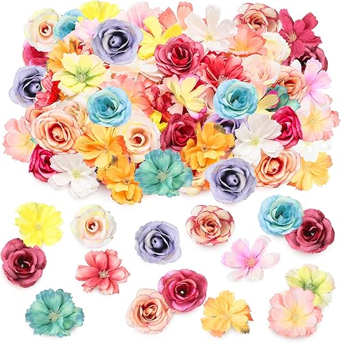 Hanaive 80 cabezas de flores sintéticas, mini cabezas de flores artificiales, peonía falsa, margarita, rosa, ciruelo, margarita de seda multicolor,