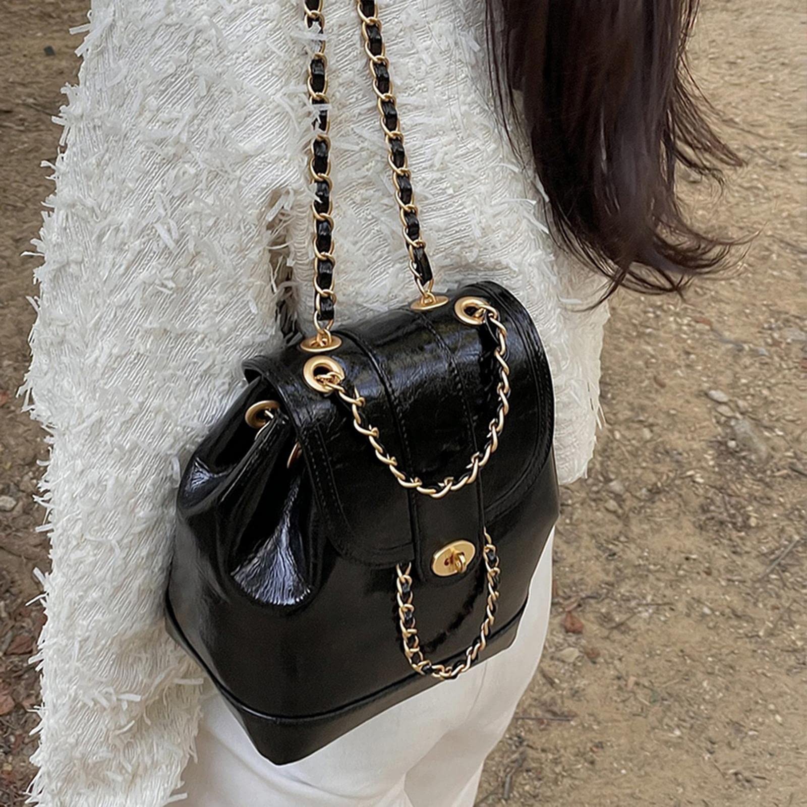 MOGSA Mochila escolar para mujer, otoño, invierno, mini cadenas, mochila para mujer, para estudiantes, cera de aceite, bolsa de viaje, color negro
