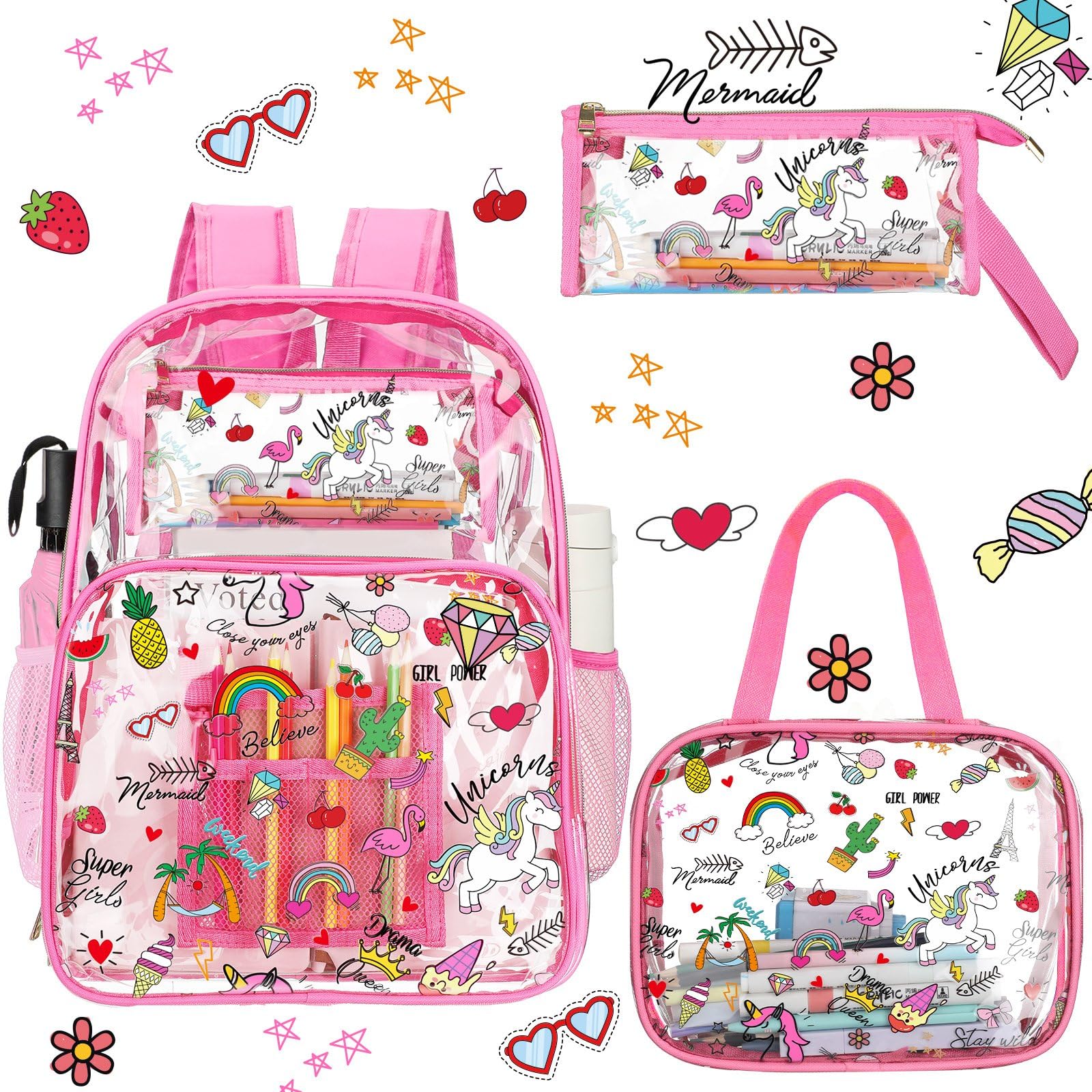 Kacctyen 3 Pcs Clear Backpack Heavy Duty Clear Bookbag Transparent Backpack with Lunch Bag(Hot Pink,Luau)