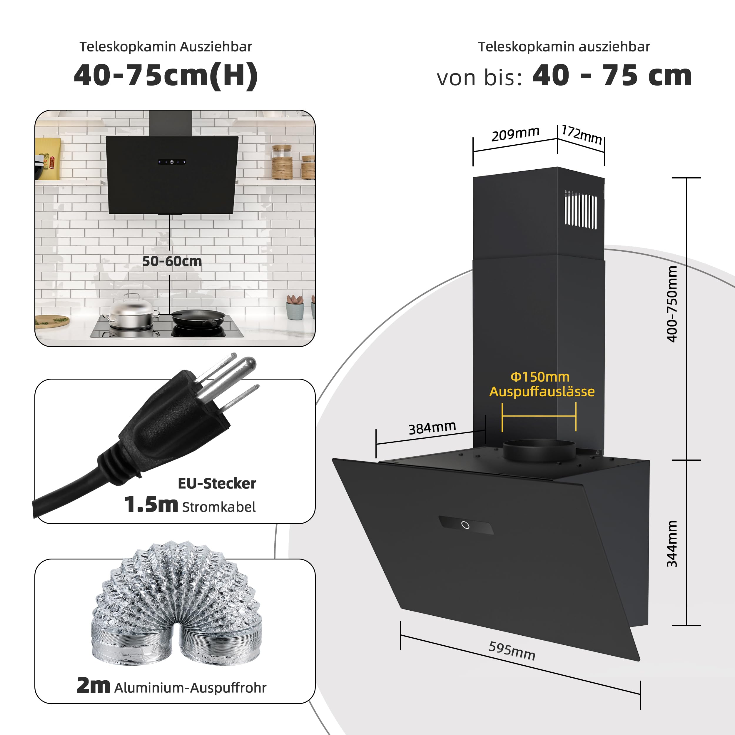 FIREGAS Dunstabzugshaube 60 cm Bürstenloser Motor Schwarz Glas 571m³/h TouchControl 9 Stufen Umluft Abluft