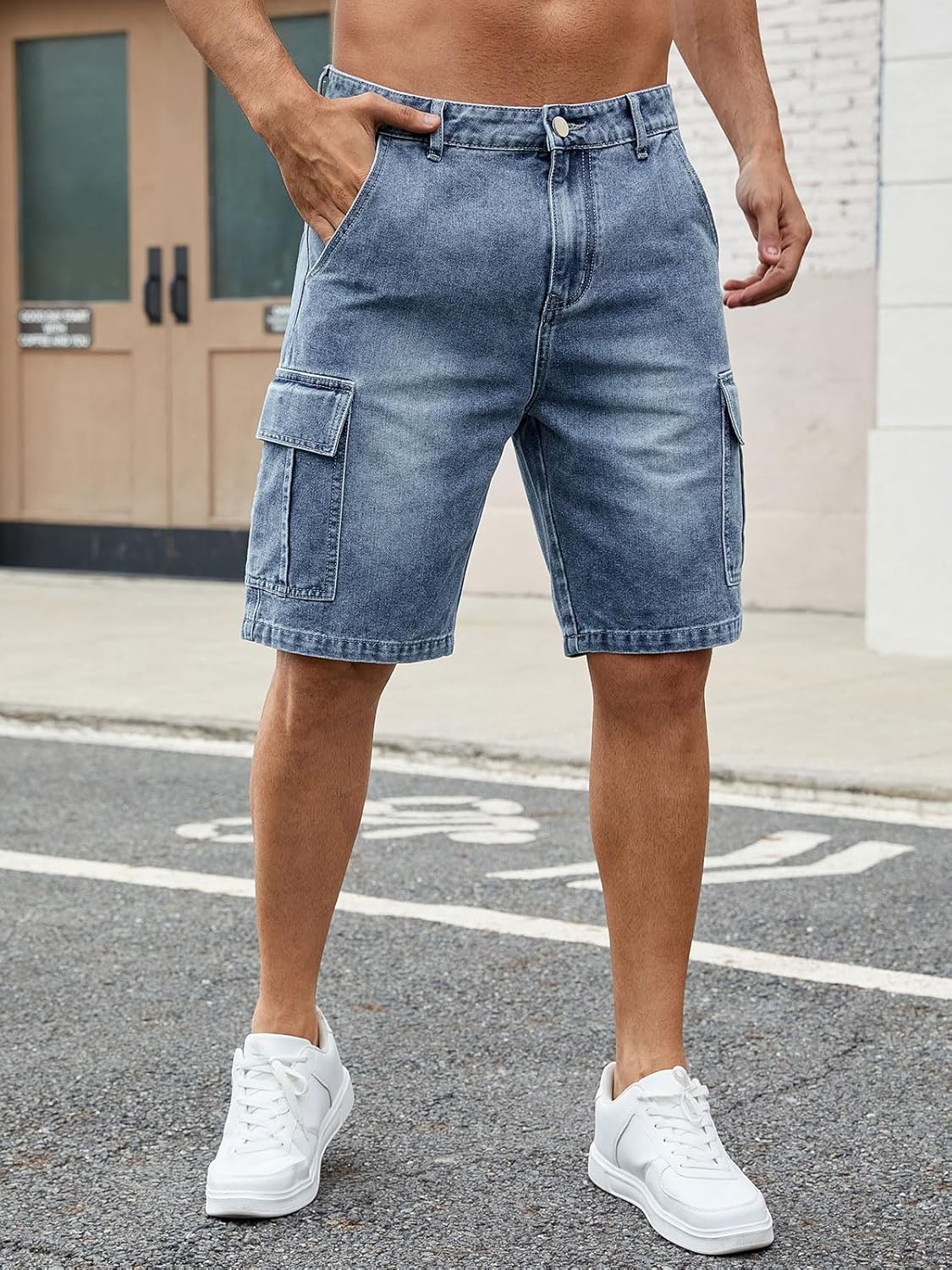 LONGBIDA Men's Loose Fit Denim Cargo Shorts with Multi Pockets - Image 3