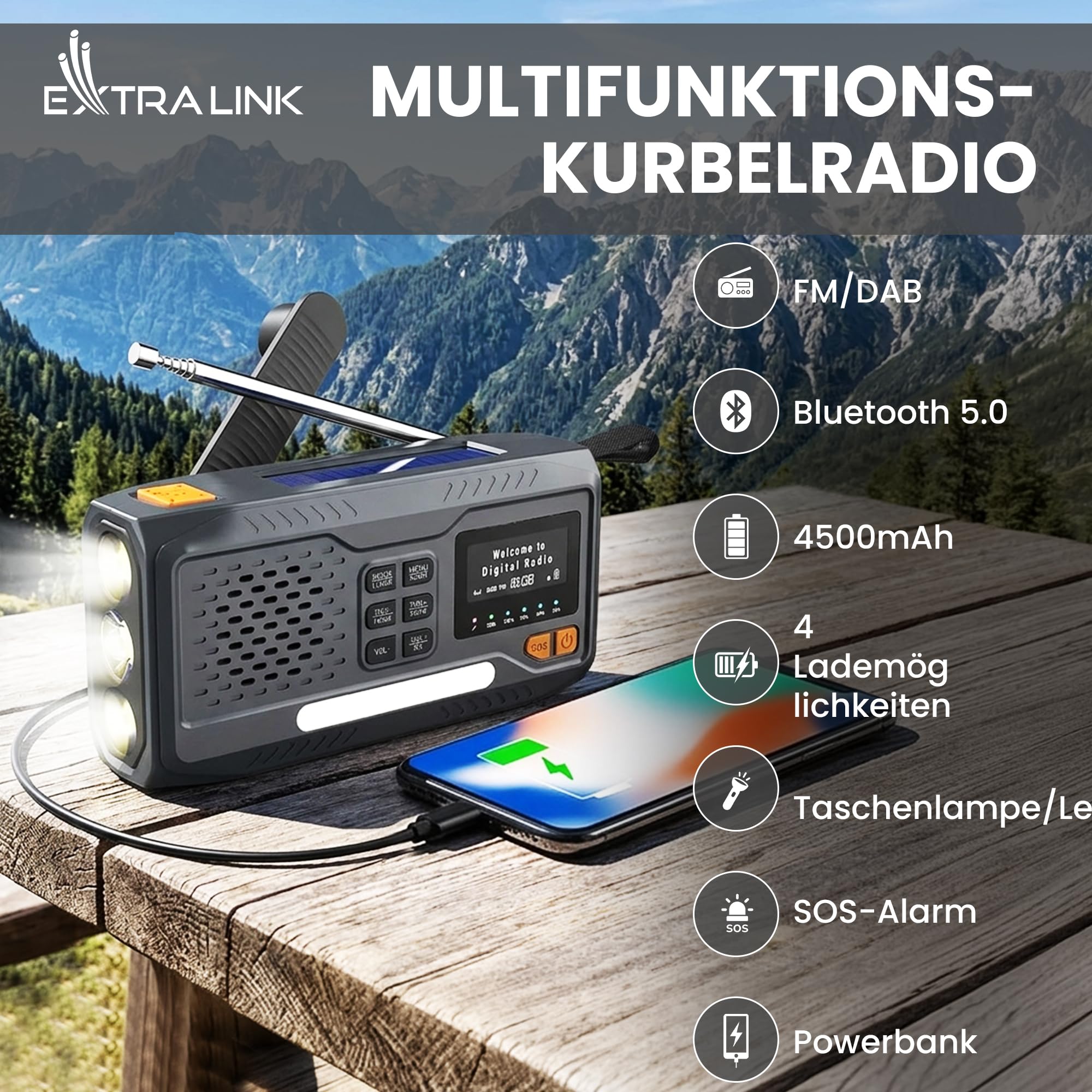 Extralink Kurbelradio Notfallradio mit Solar & Kurbel, Ladefunktion 4500 mAh, FM & DAB Radio mit Bluetooth, LED Taschenlampe & Leselicht, SOS Alarm, LCD Display - für Blackout, Camping & Outdoor