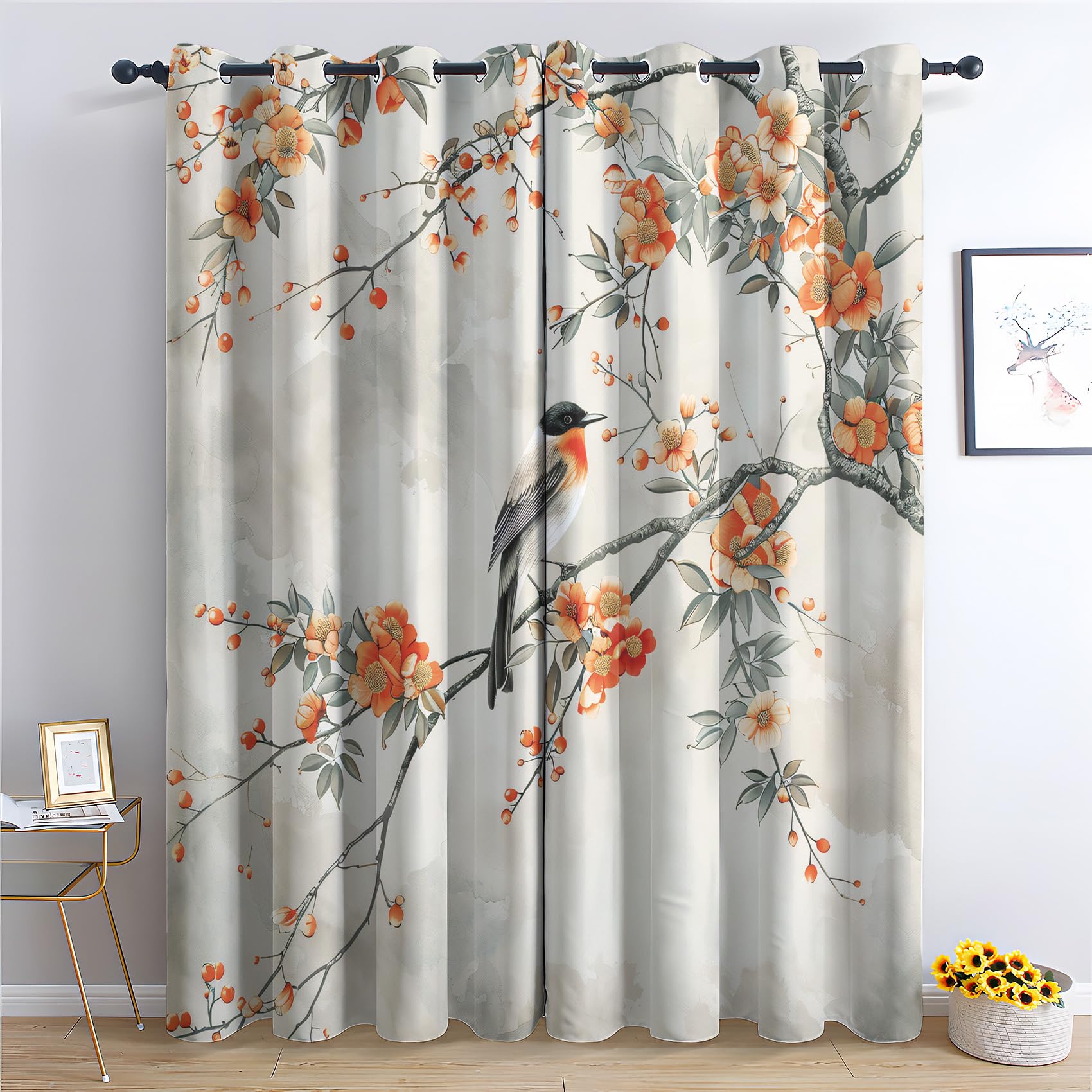 Orientalne kwiatowe zasłony zaciemniające z ptakami do sypialni salonu dekoracja wnętrz termiczna zasłona na przelotkach 102 x 160 cm, dekoracje okienne, 2 panele