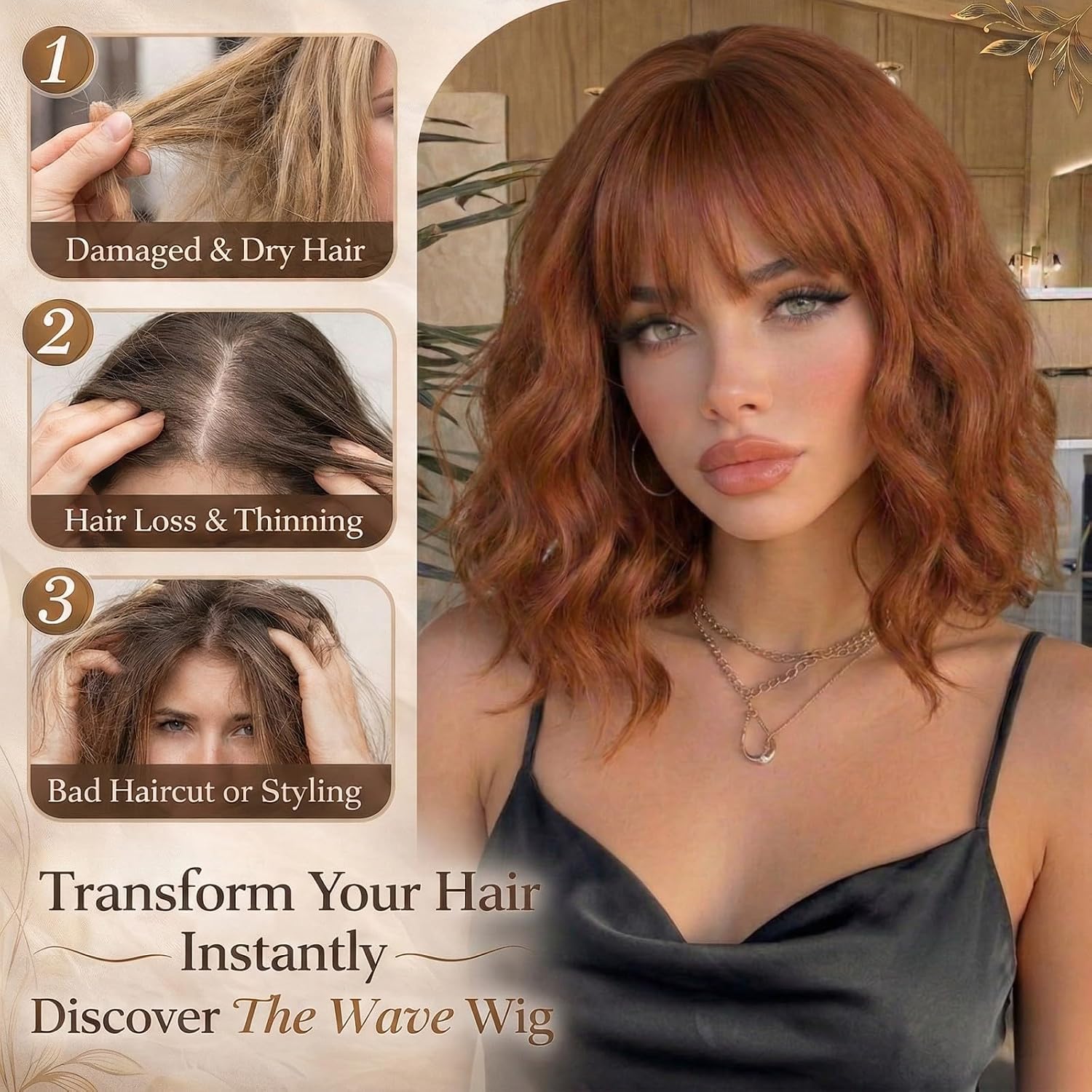 Auburn Wigs for Women Bob Wig with Bangs,Shoulder Length Synthetic Wig,Heat Resistant Fiber,Glueless Natural Looking Wig for Daily Wear