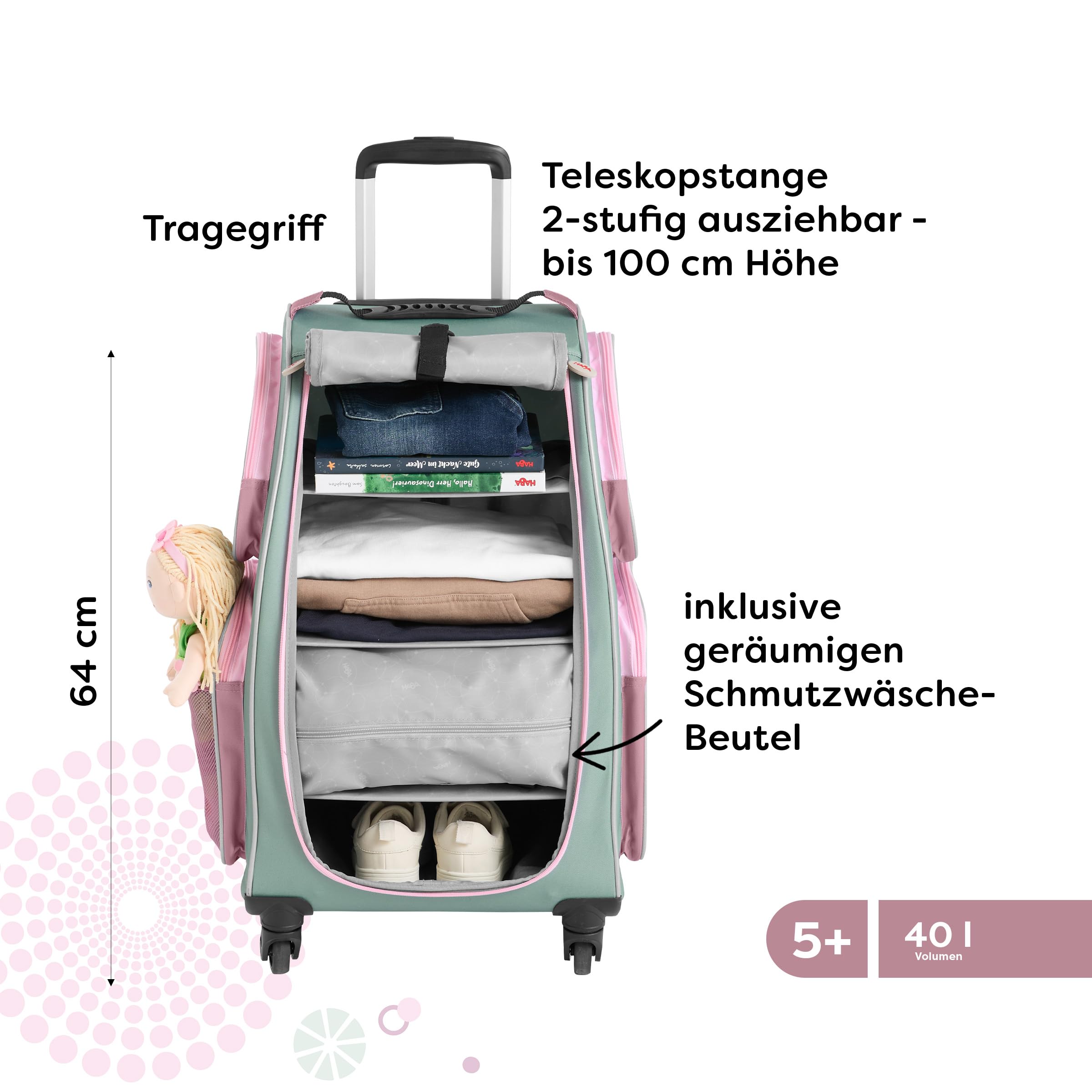 HABA Valise armoire enfant - Valise enfant en polyester recyclé + sac à linge sale, 3 tablettes amovibles, 4 poches extérieures et 4 roulettes - A partir de 5 ans - 1442797001, Sauge, Mittelgroß