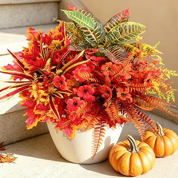 Artificial Fall Flowers for Outdoors Fake Plants Fall Decor, Faux Plants UV Resistant Stems Fake Leaves Bushes Outside, Artificial Mums for Outdoors Planters Porch Window Garden Autumn Home Decor