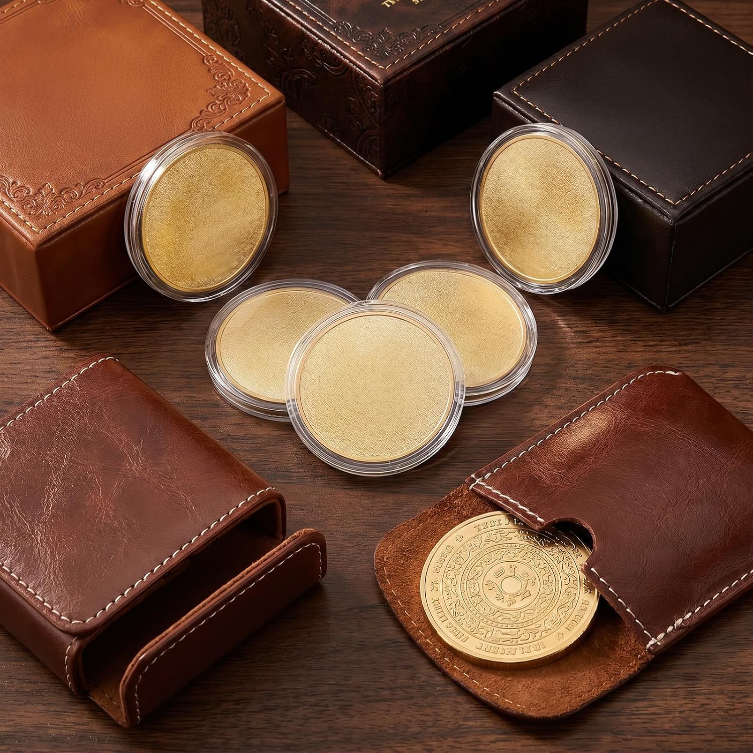 20pcs Blank Brass Coins for Laser Engraving, Gold Iron Challenge Coin Blanks 1.57 Inch Diameter 0.098 Inch Thick with Acrylic Box for DIY Crafts, Birthday Travel Commemorative Collection