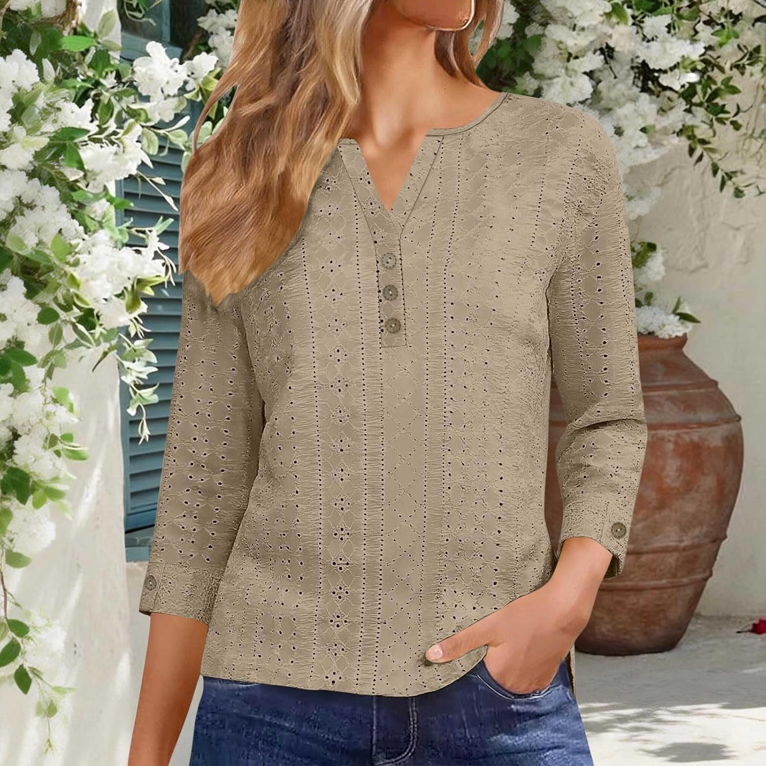 3/4 Sleeve Eyelet Tops for Women 2026 V Neck Button up Shirts Dressy Casual Work Tunic Blouses Hollow Out Basic Tees