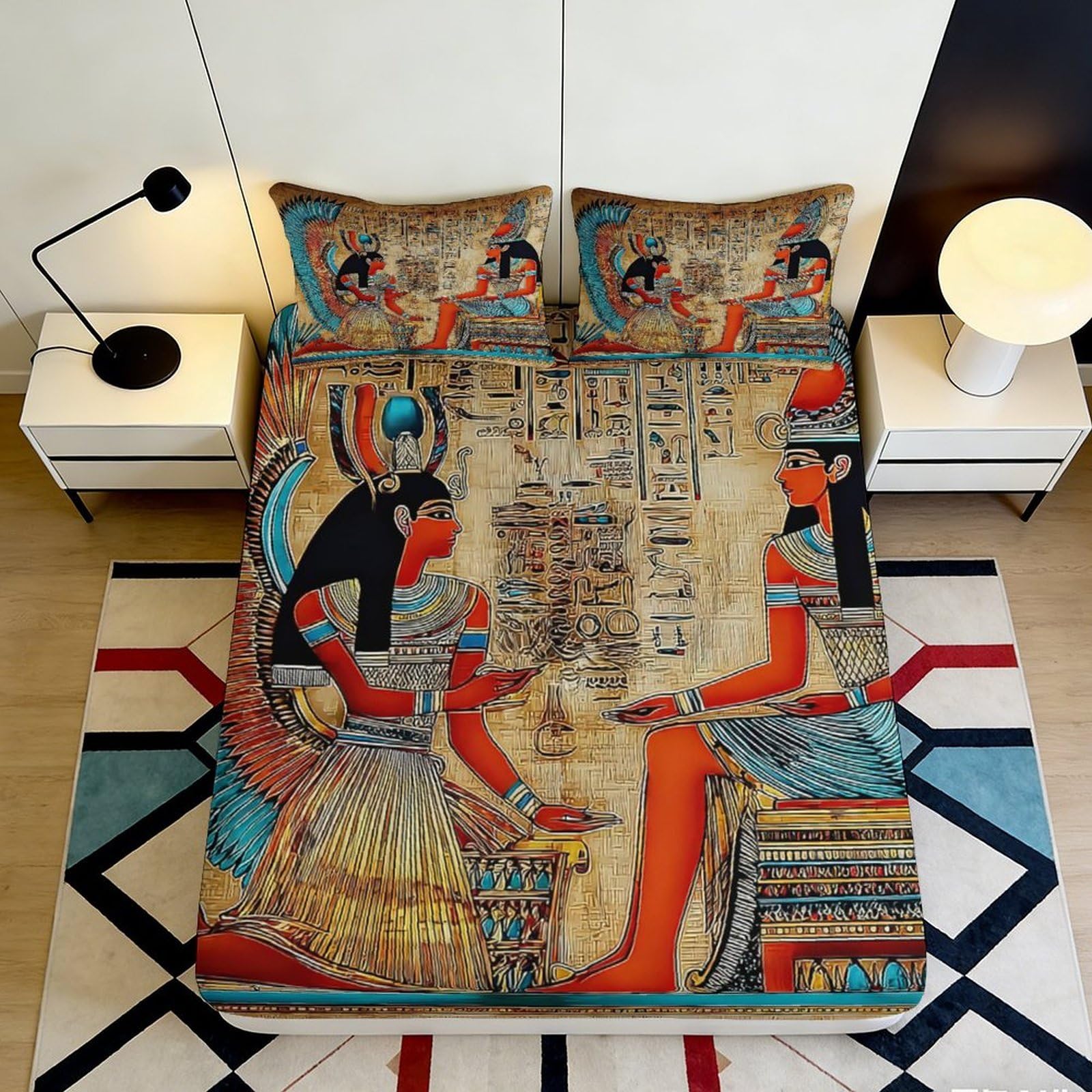 3D Printed Egyptian Art Fitted Sheet Microfiber Deep Pocket Non-Slip Bedroom Bedding Egyptian Style Mattress Fitted Cover for Adults Teens 200x200x25cm 90x200x25cm