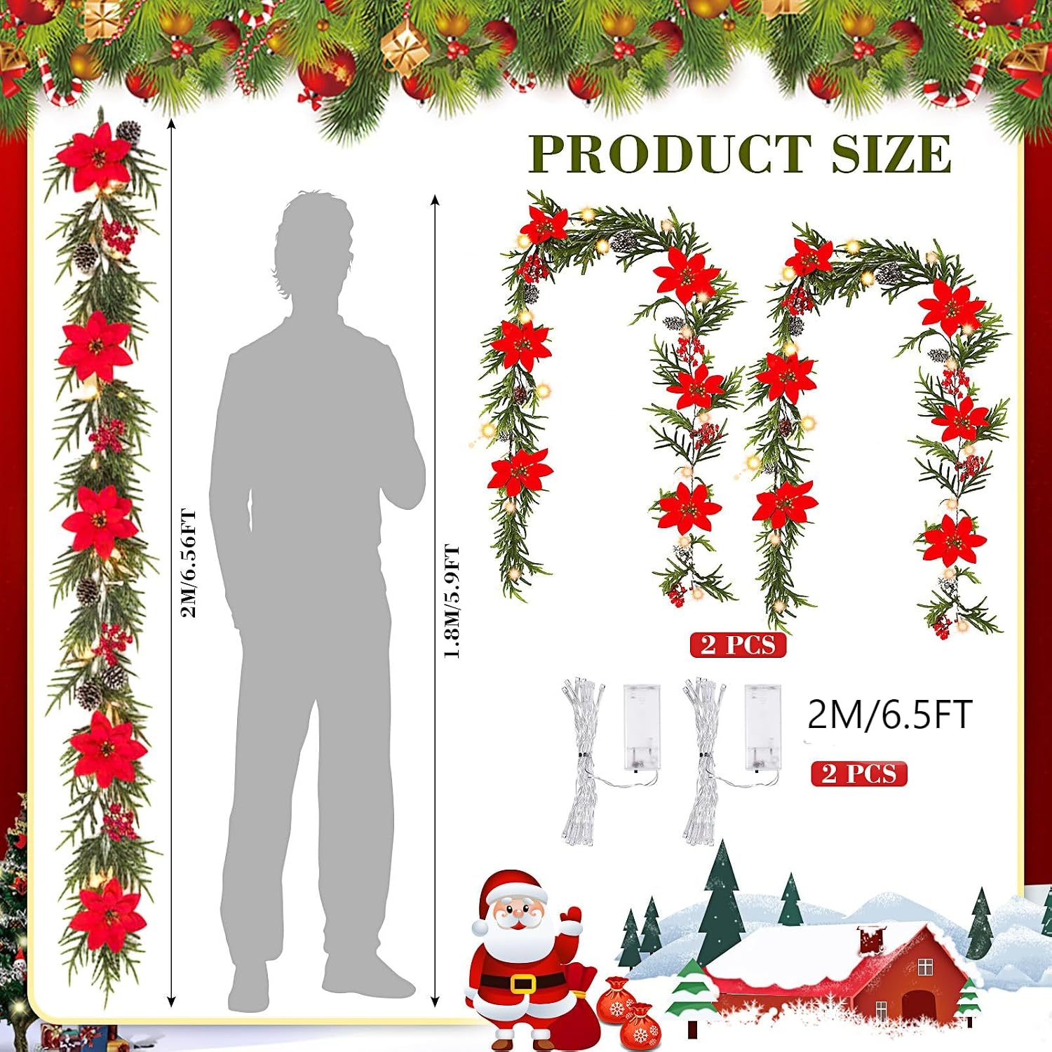 Crowye 2 Pcs 6.5 Ft Christmas Poinsettia Garland with Lights, 20 LED Artificial Pine Garlands Lighted Xmas Garland with Berries Pine Cones for Home Mantle Fireplace Stairs Decorations (Red)