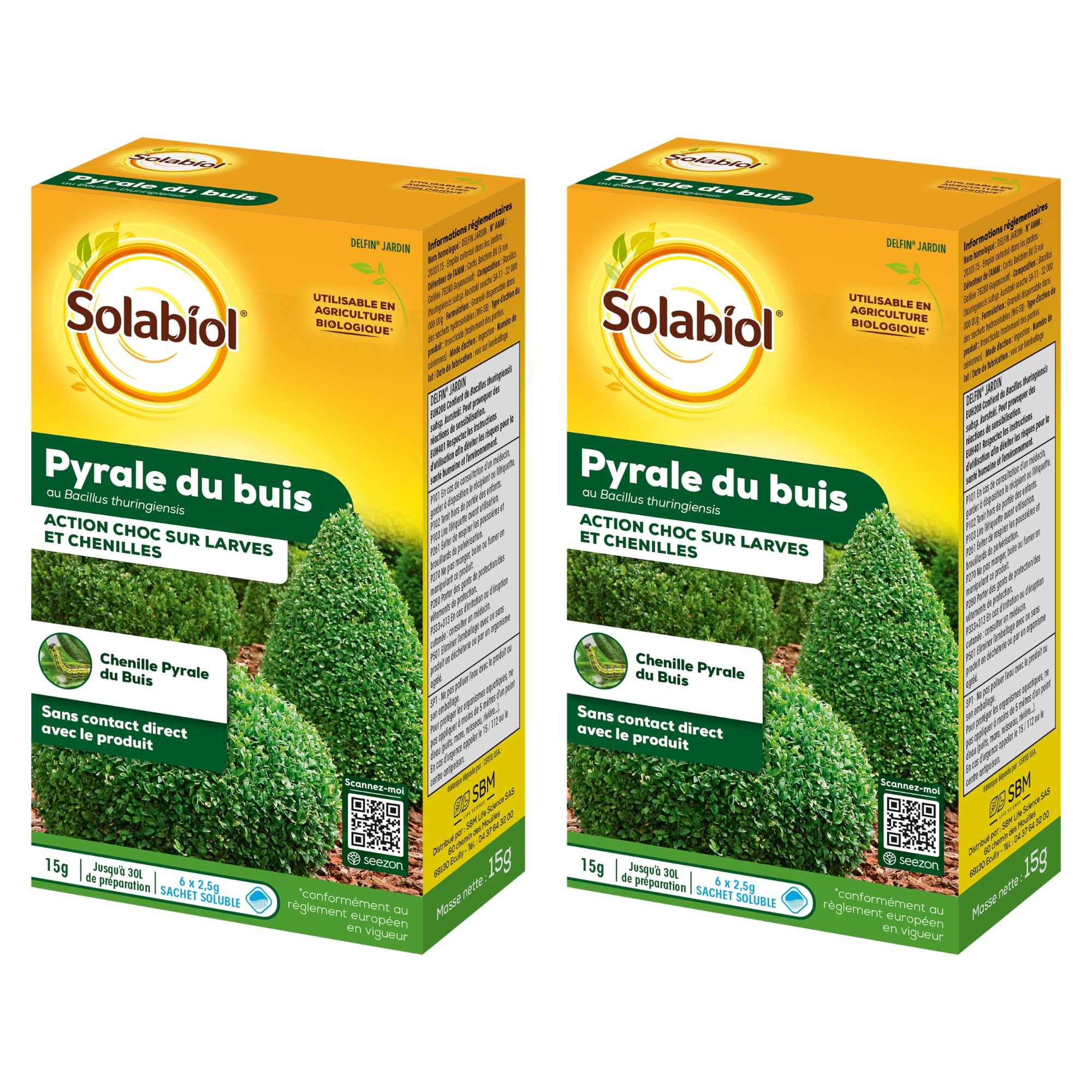 SOLABIOL 2 Traitements Pyrale du Buis Au Bacillus Thuringiensis (BTK) - Action Choc sur Larves et Chenilles - 12 Sachets Hydrosolubles - 30g - Utilisable en Agriculture Biologique SOPYRAL15X2