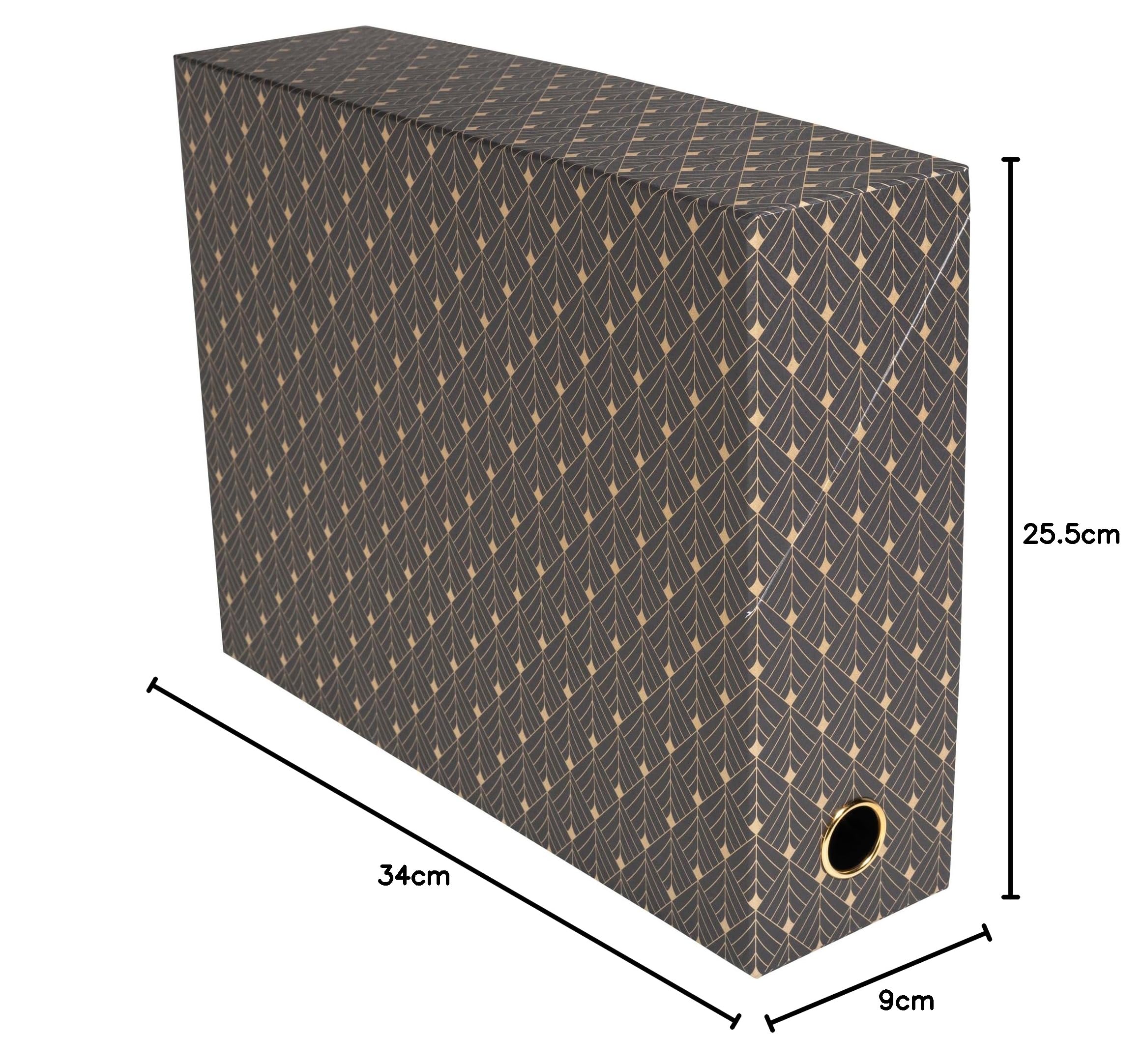 Exacompta - Rif. 89450E - 1 scatola di trasferimento Neo Déco, dorso 90 mm, occhiello di presa in oro, dimensioni 25,5 x 9 x 34 cm, etichetta adesiva inclusa, colori casuali, consegnata montata