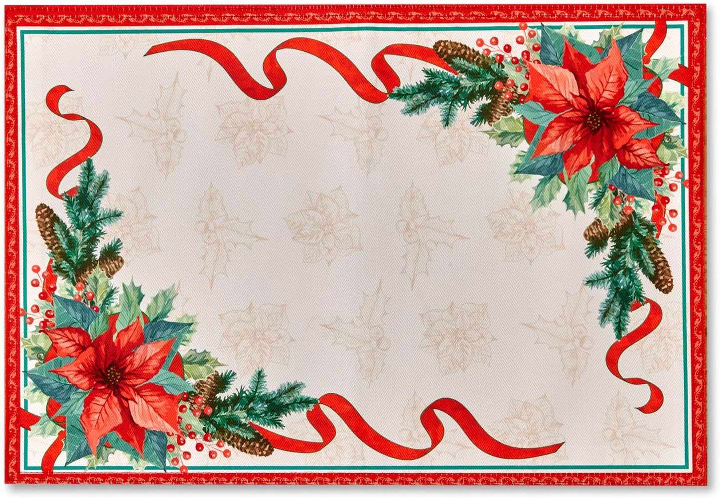YiHomer Poinsettia Ribbon Engineered Printed Fabric Christmas Tabletop for Xmas Winter Holiday, Christmas Time, Reversible Placemat Set, 13 x 19