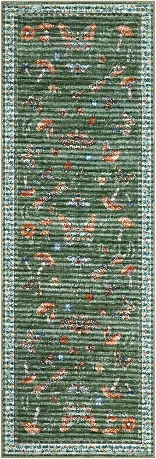 ROYHOME Mushroom Insect Rug 2x6 Runners for Hallways, Boho Kitchen Runner Rugs Non Slip Bath Runner, Modern Washable Runner Rug for Bedroom, Soft Long Rugs for Entryway Bathroom Laundry Dorm, Blue