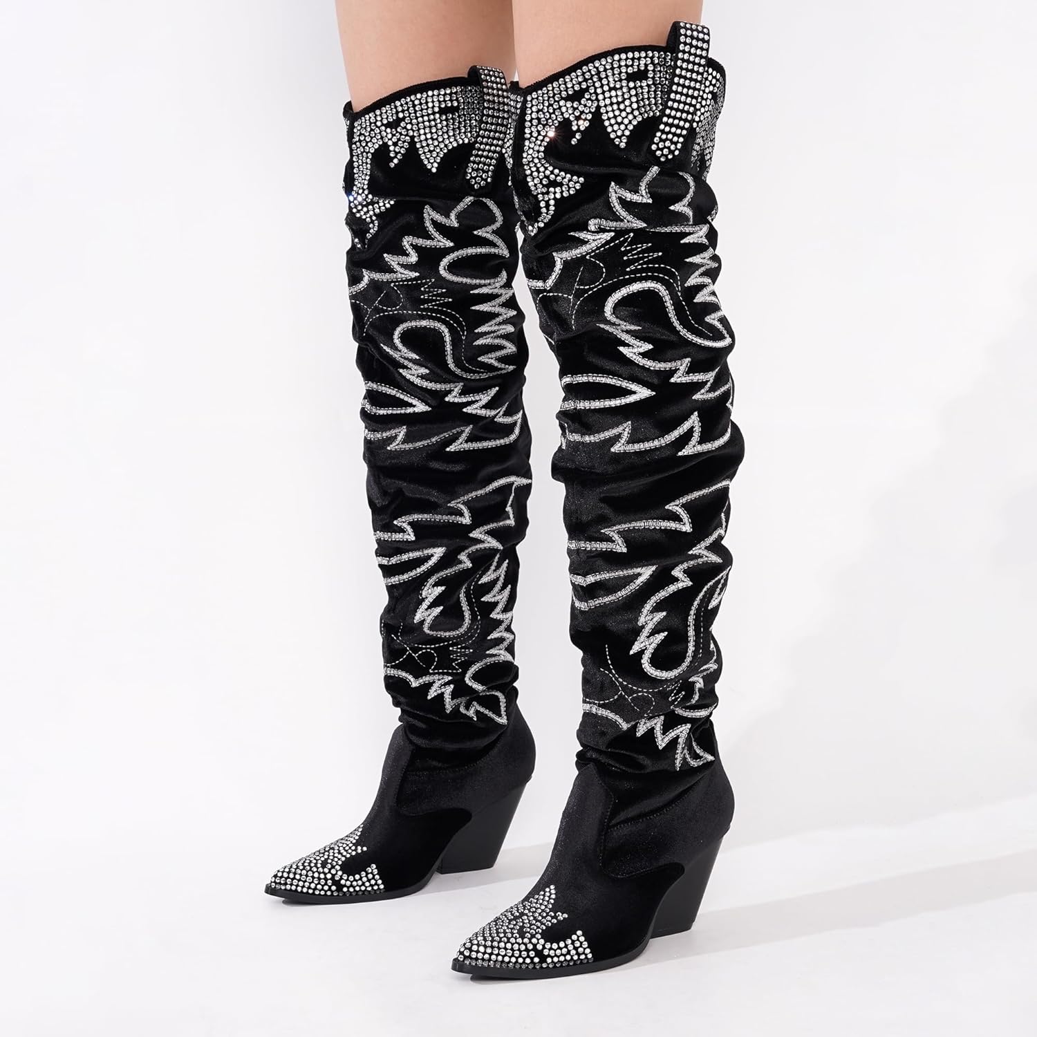 Cape Robbin Women's Rhinestone Embroidered Cowboy Boots Thigh High Slouchy Wide Calf Pull On Over The Knee Boots with Memory Foam Insole & 3 Inch Heel (Lish.a) - Image 5